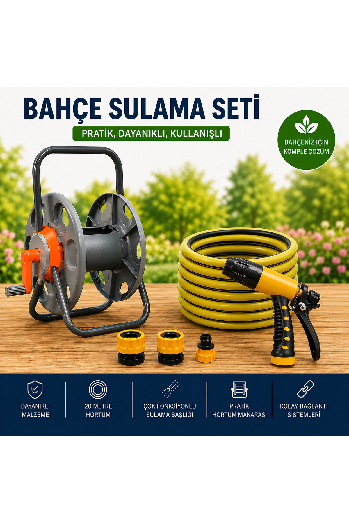 20 Metre Bahçe Sulama Seti Hortum Makaralı Sulama Tabancalı 1/2’’ Bahçe Hortumu Komple Set - 1