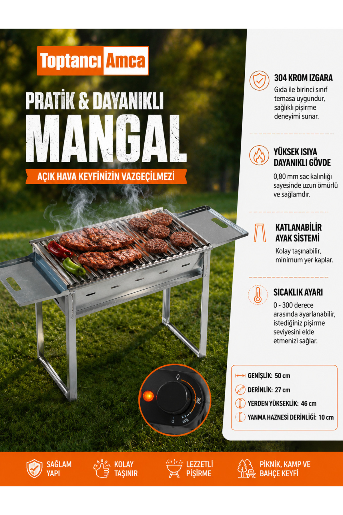 Araç Arkası Mangal Bagaj Mangalı Metal Gövde Krom Izgara 27 x 50 cm 4 kişilik mangal katlanır kolay temizlenir Izgara 1