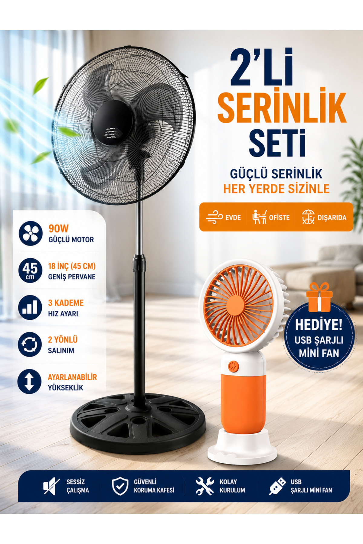 90W Ayaklı Vantilatör 45 cm 3 Kademeli Salınımlı + USB Şarjlı Taşınabilir Mini Fan Hediyeli Yaz Serinlik Seti - 1