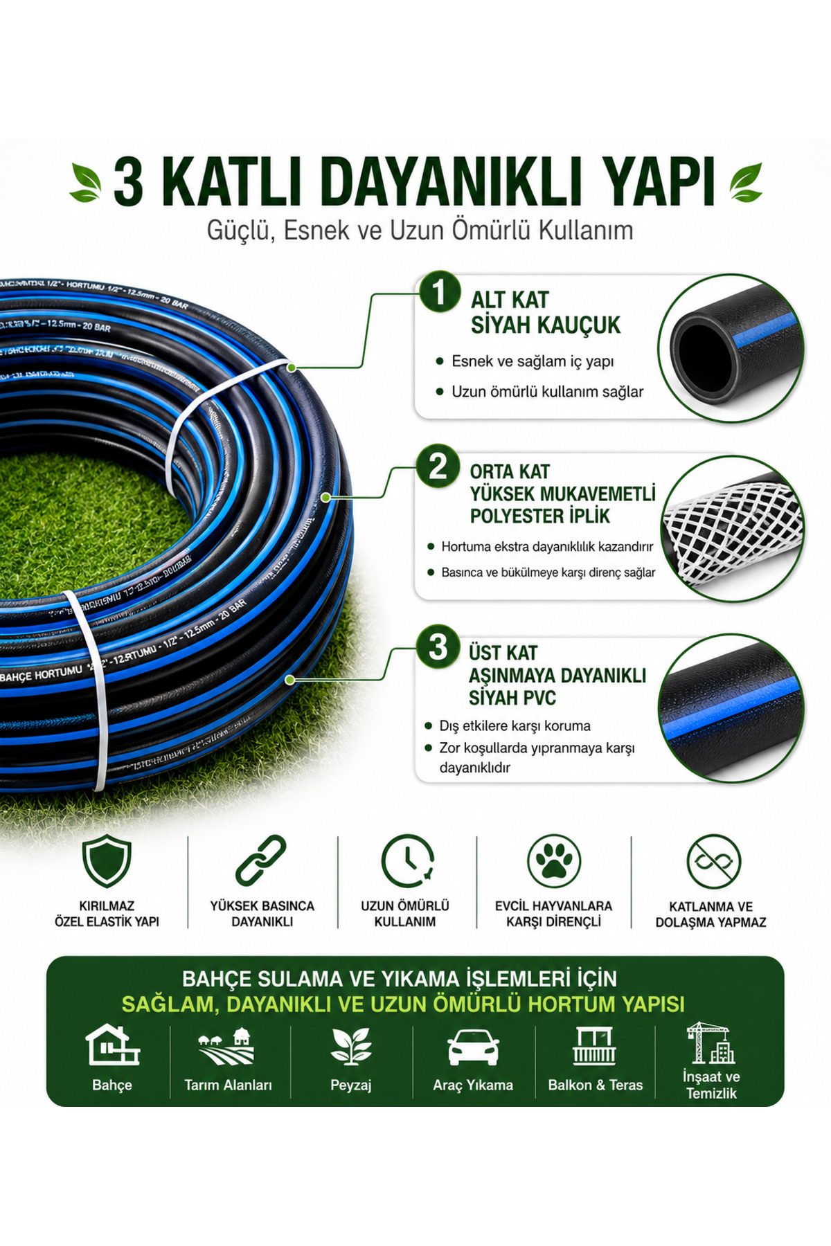 100 Metre 1/2" (12,5 mm) Termo Bahçe Hortumu + 10 Fonksiyonlu Sulama Tabancası UV Korumalı 3 Katlı Dayanıklı Su Hortumu 2