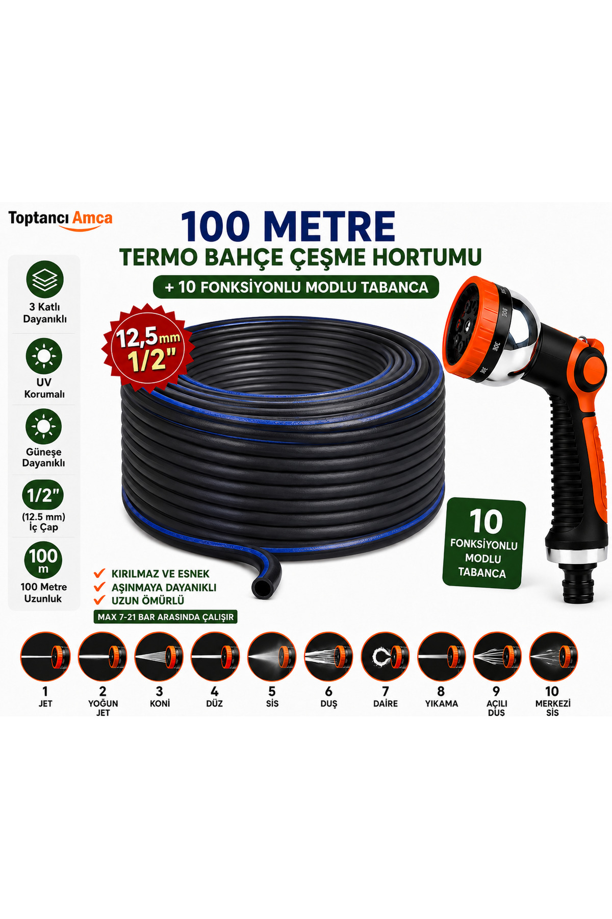 100 Metre 1/2" (12,5 mm) Termo Bahçe Hortumu + 10 Fonksiyonlu Sulama Tabancası UV Korumalı 3 Katlı Dayanıklı Su Hortumu 1