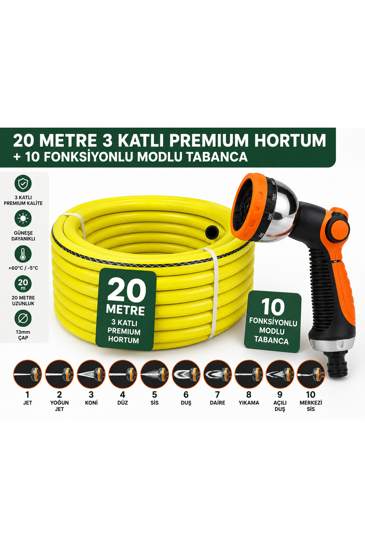 20 Metre Premium Bahçe Sulama Hortumu 3 Katlı 13 mm UV Dayanıklı 10 Fonksiyonlu Tabancalı 1