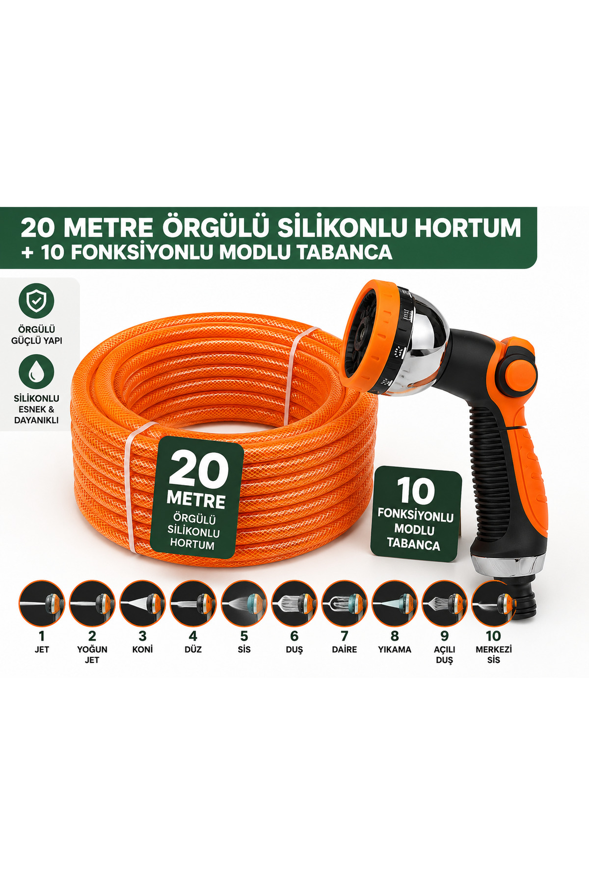 20 Metre Örgülü Silikonlu Bahçe Hortumu + 10 Fonksiyonlu Sulama Tabancası Basınca Dayanıklı Esnek Su Hortumu 1
