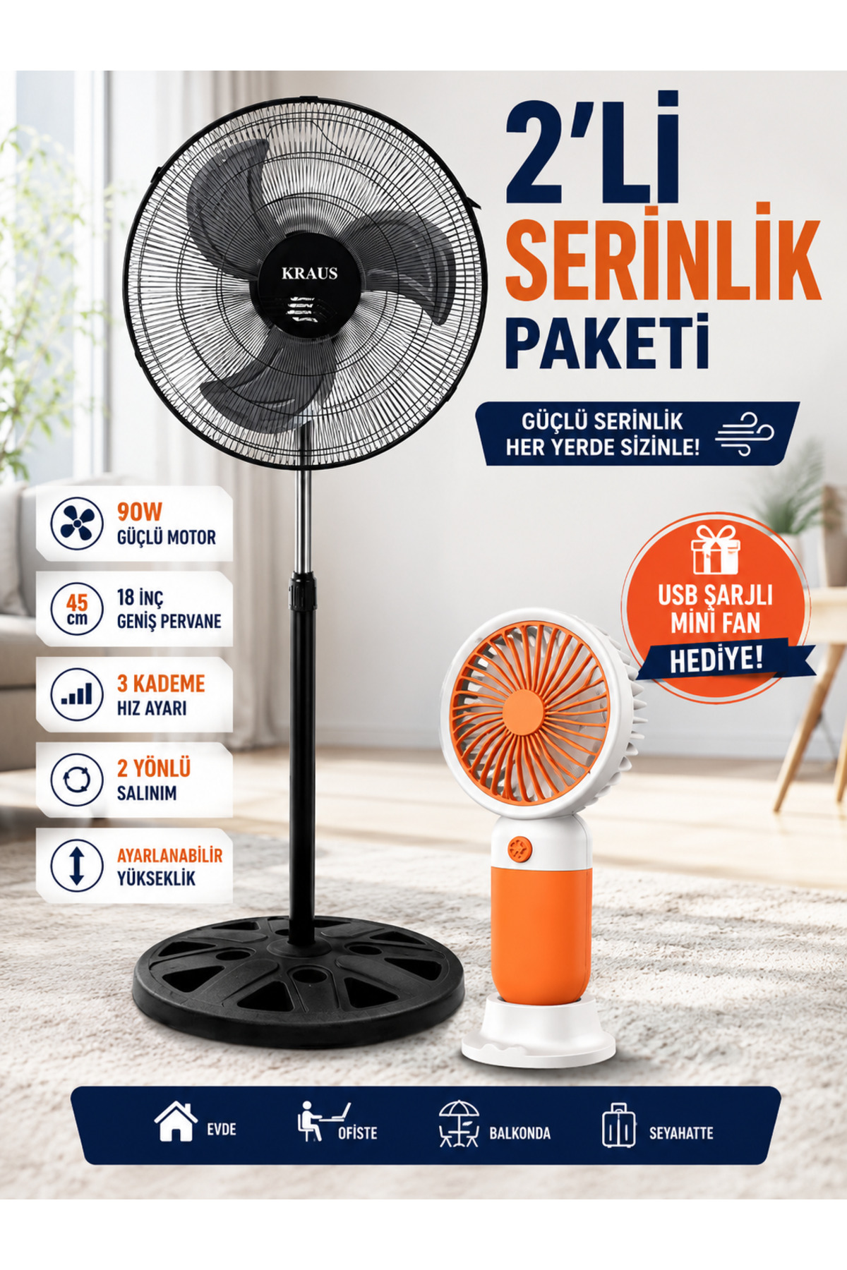18 İnç 45 cm Ayaklı Büyük Vantilatör 90W Güçlü Motorlu 3 Kademeli + USB Şarjlı Mini El Fanı Hediyeli Serinlik Seti 1