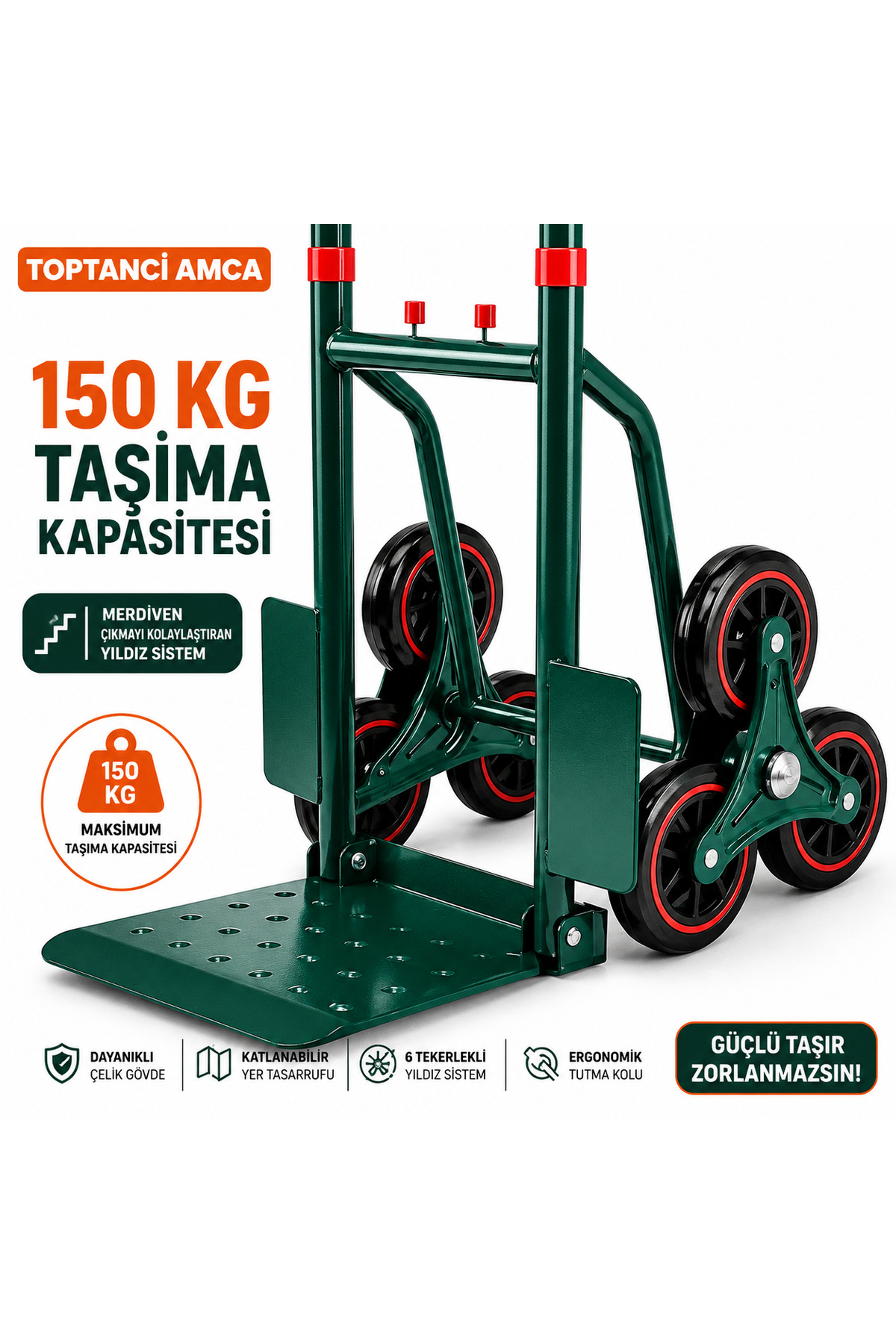Merdiven Çıkan Koli Taşıma Arabası Katlanır yapı İnip Kalkar Yük arabası 150 kg Yeşil Ergonomik 3
