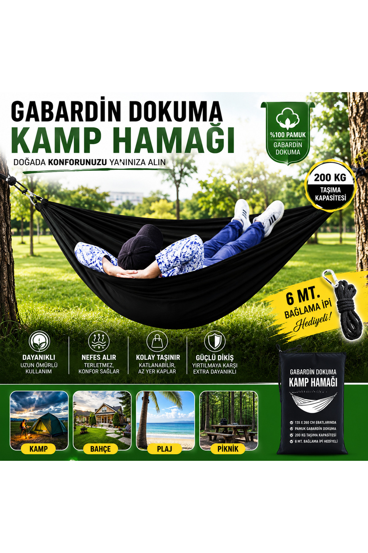 Premium Outdoor Kamp Hamağı – %100 Pamuk Gabardin Dokuma | 200 KG Taşıma Kapasiteli | 135x260 cm | 6 Metre Bağlama İpi Hediyeli 1