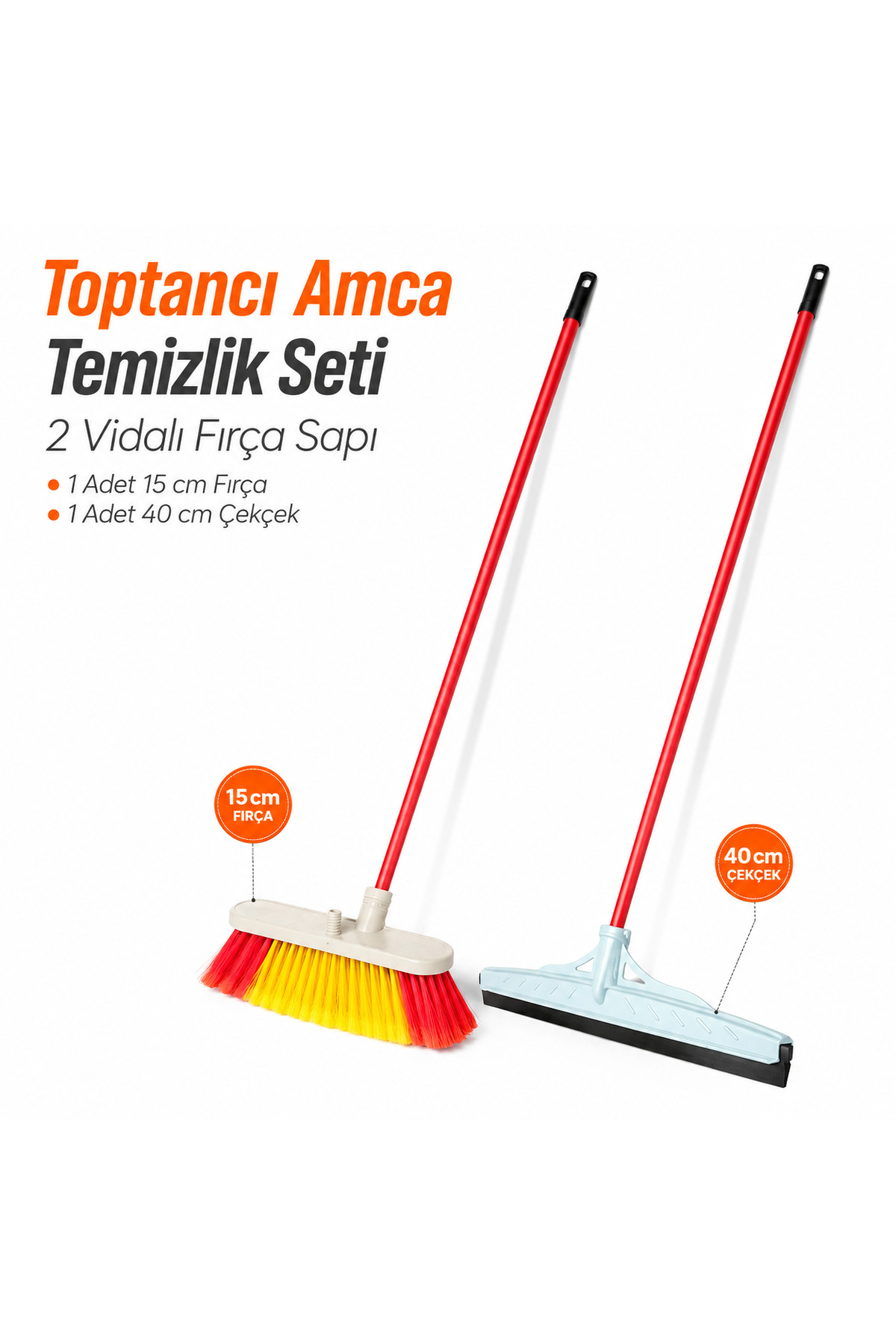 Temizlik Seti 2 Vidalı Fırça Sapı Banyo Çekeceği Araçta yıkayan fırça + 15 cm Sert Temizlik Fırçası + 40 cm Yer Çekçeği - 1