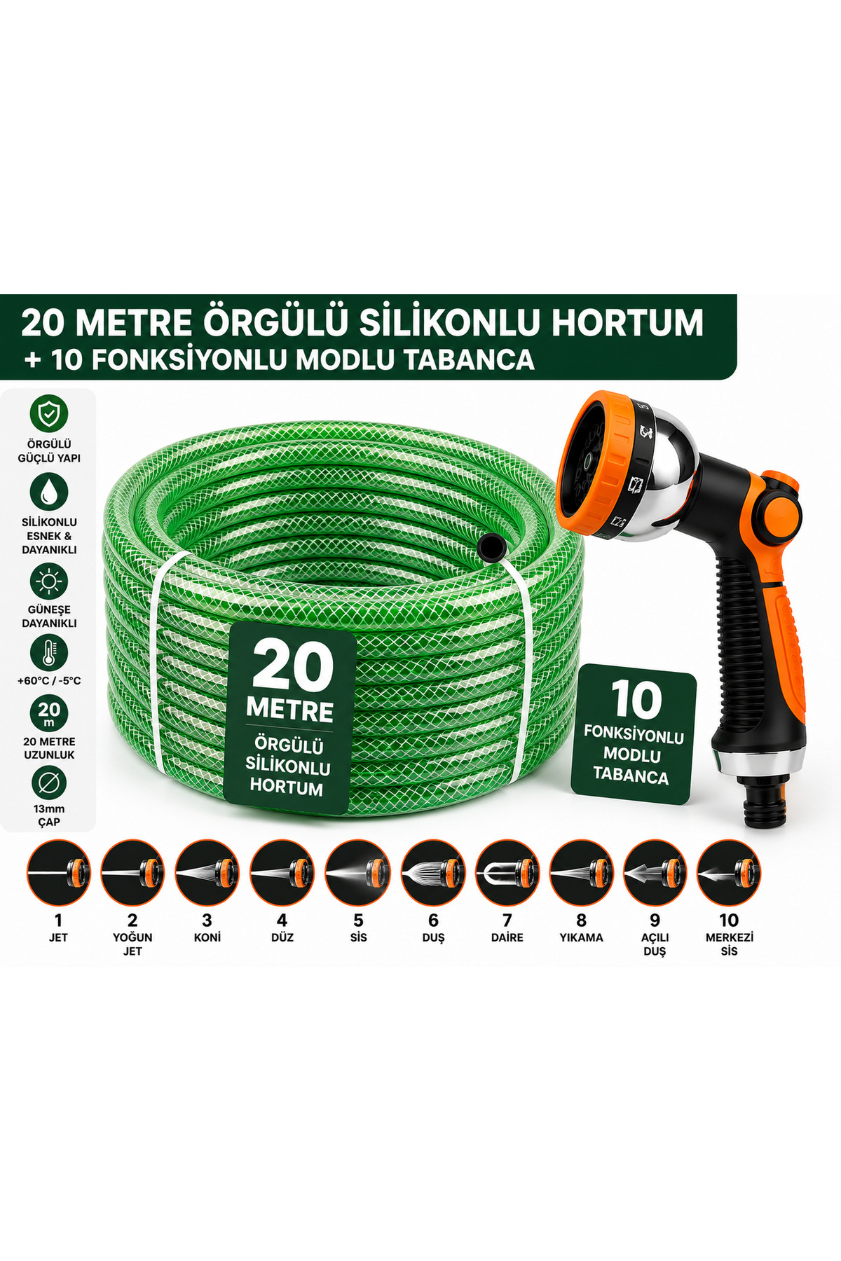Metal başlıklı sulama tabancalı 10 fonksiyonlu bahçe hortum seti örgülü ipli hortum 20 metre tamamen hazır tüm musluklara uyumlu set 1