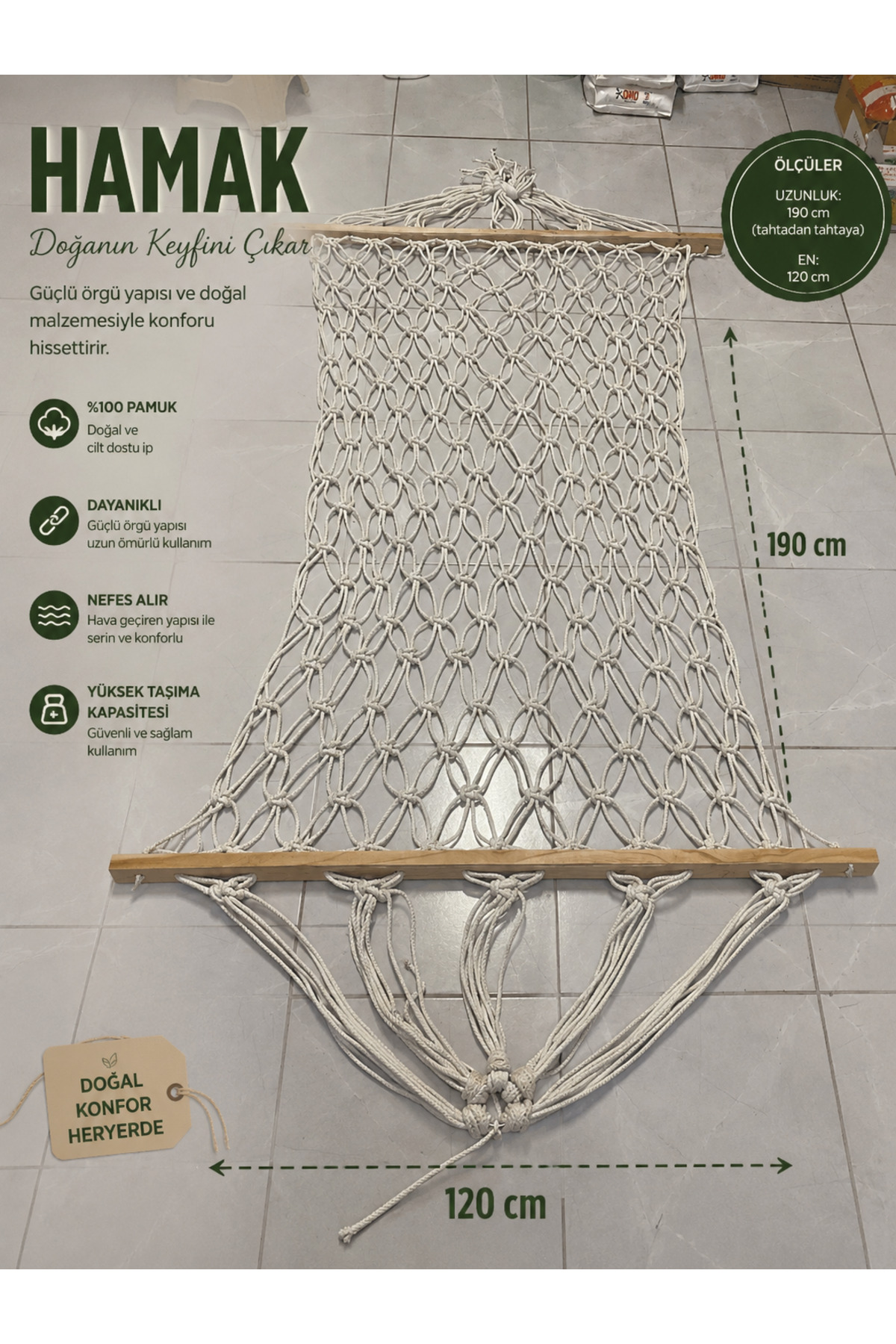 Çift Kişilik Çift Kat Kalın İpli Salıncak Hamak En 120 Cm Boy 2,5 M 250 kg Taşıma %100 Pamuk Lüks Hamak RENK KREM VEYA BEYAZA YAKIN GÖNDERİLİR. 3