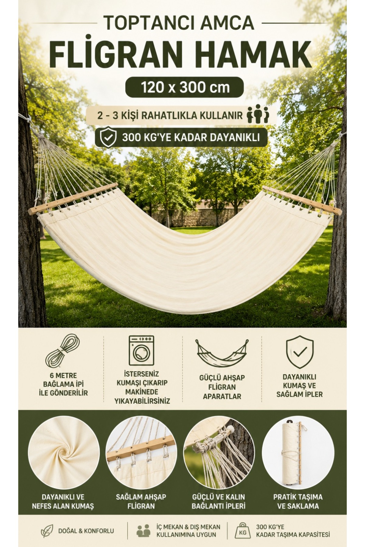 120x300 cm Ahşap Çubuklu Hamak 2-3 Kişilik Bahçe Balkon Kamp Hamağı 300 Kg Taşıma Kapasiteli Yıkanılabilir 1
