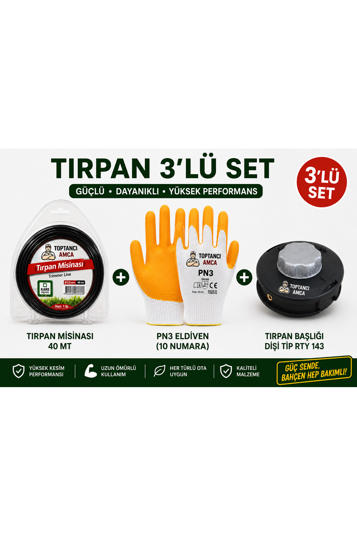 Bahçe Bakım Seti 3’lü Paket | 40 Mt Kare Tırpan Misinası + Nitril İş Eldiveni + Tırpan Başlığı - 1