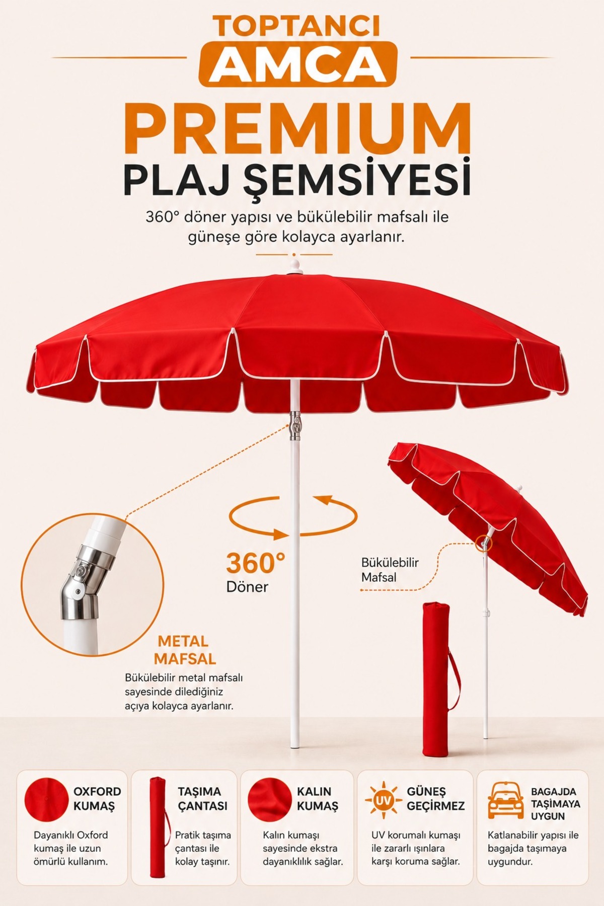 PLAJ ŞEMSİYESİ 180 CM ÇAPLI KIRMIZI GÜNEŞ ŞEMSİYESİ KALIN KUMAŞ EĞİLEBİLİR ÇADIR ŞEMSİYE OXFORD KUMAŞ 1
