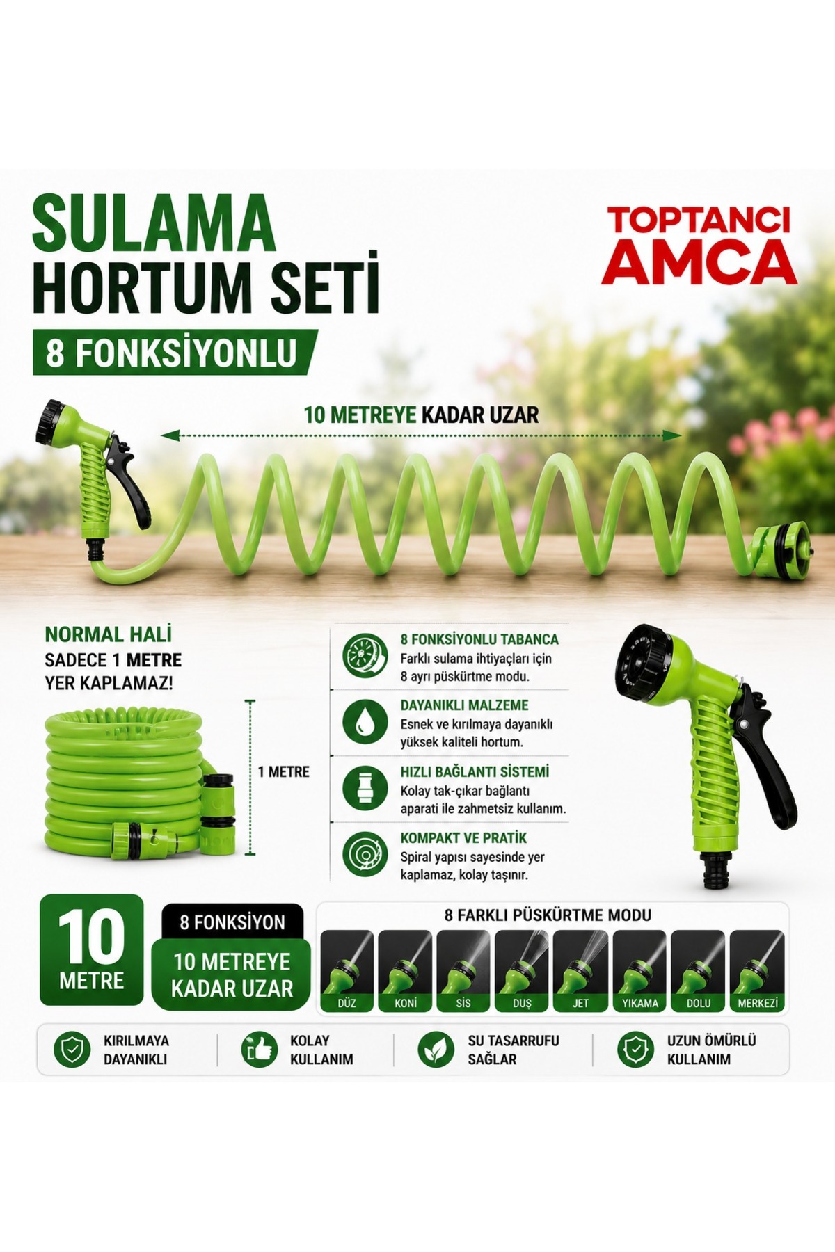 Uzayan Hortum 7 Fonksiyonlu Tüm musluklara uyumlu aparat hediyeli spiralli hortum bahçe hortumu 10 metre uzar 3