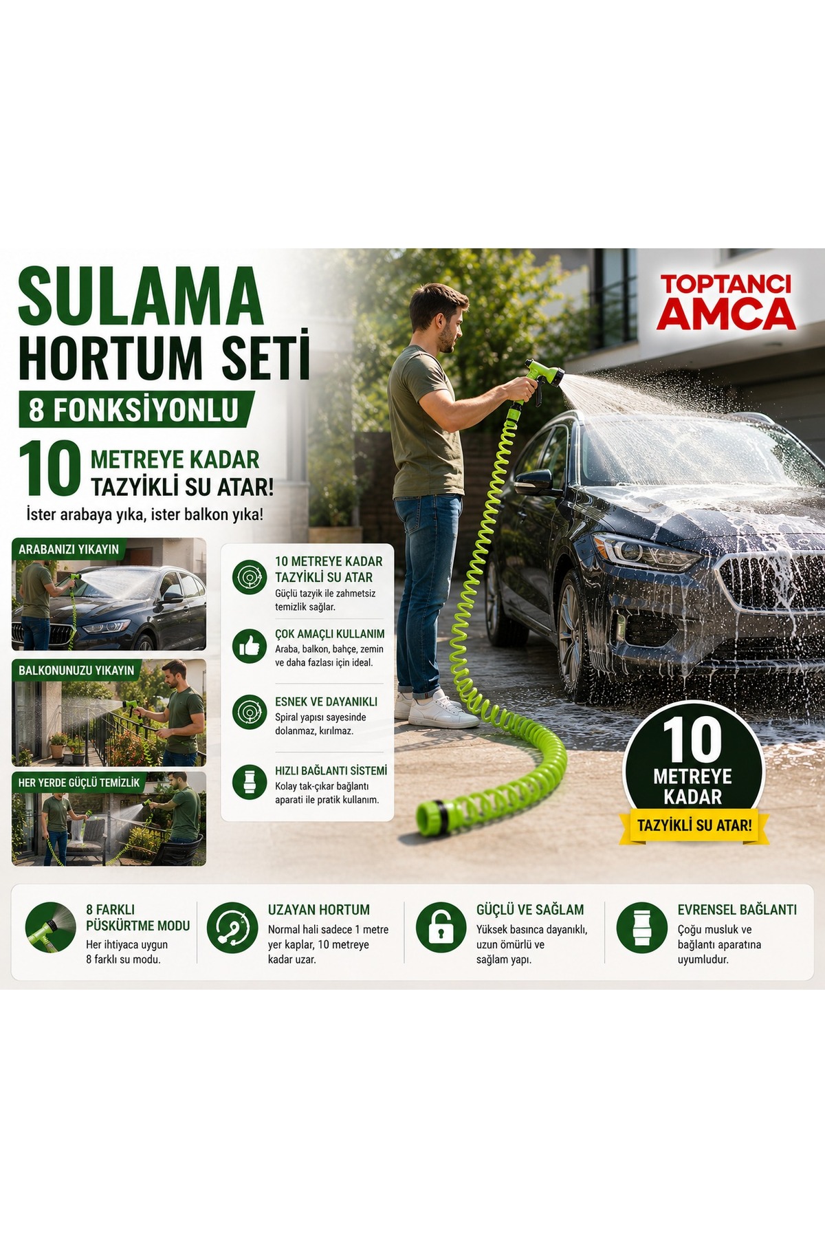 Uzayan Hortum 7 Fonksiyonlu Tüm musluklara uyumlu aparat hediyeli spiralli hortum bahçe hortumu 10 metre uzar 5