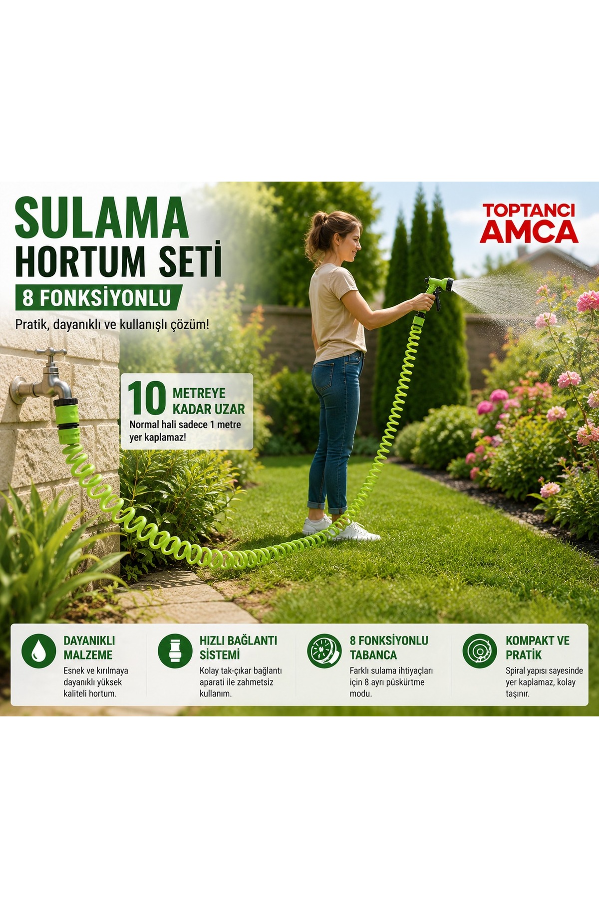 Uzayan Hortum 7 Fonksiyonlu Tüm musluklara uyumlu aparat hediyeli spiralli hortum bahçe hortumu 10 metre uzar 4