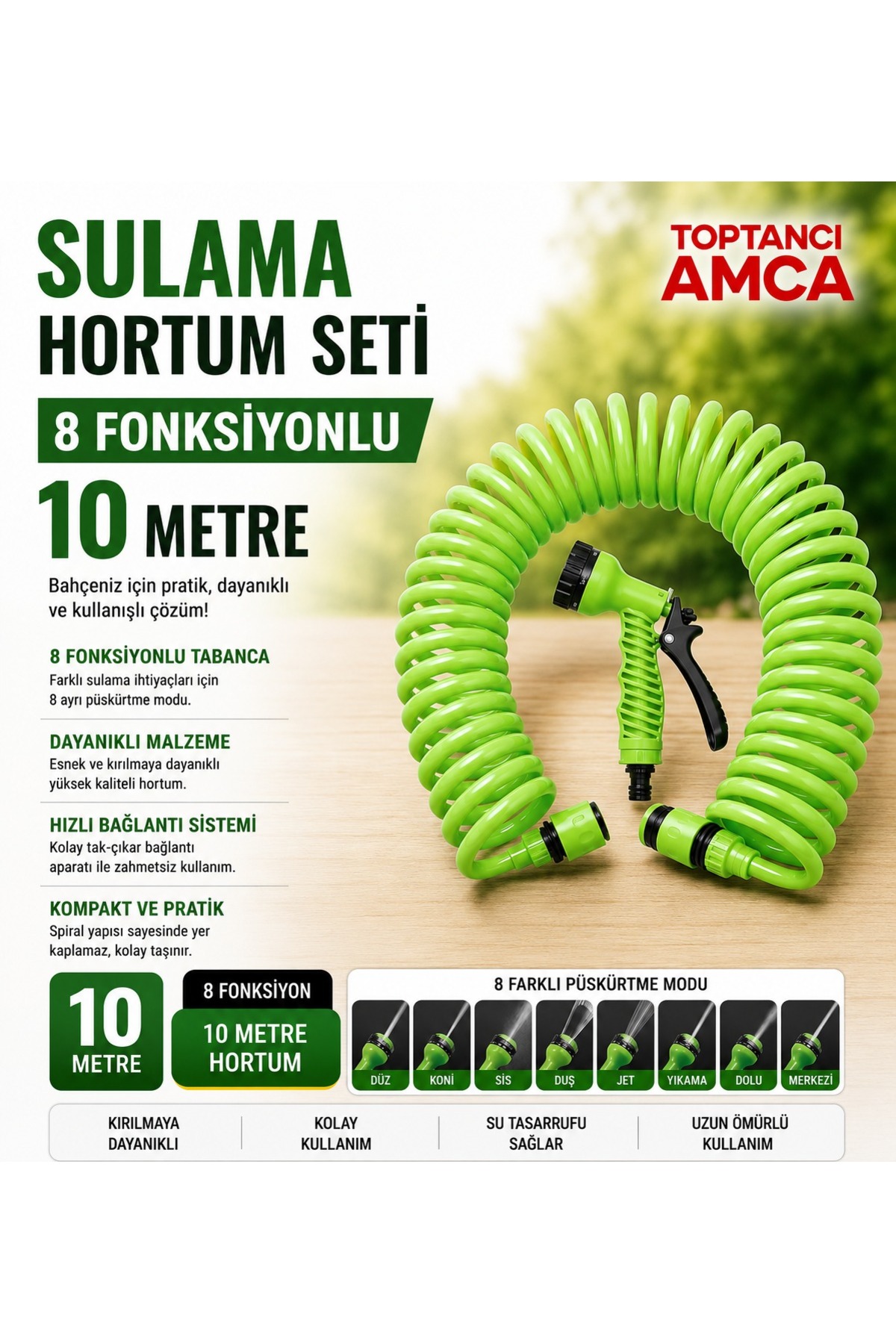 Uzayan Hortum 7 Fonksiyonlu Tüm musluklara uyumlu aparat hediyeli spiralli hortum bahçe hortumu 10 metre uzar 2