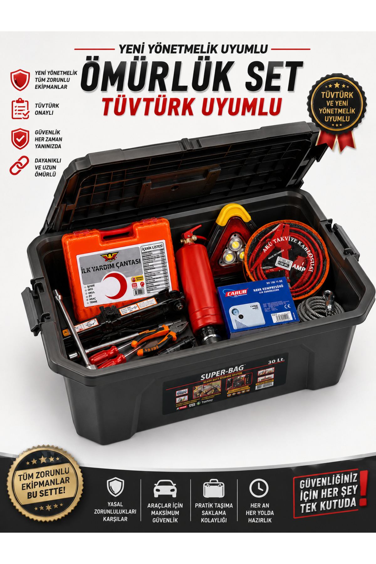 Trafik Seti İlk Yardım Çantalı Yangın Tüplü Araç Acil Durum Güvenlik Seti TÜVTÜRK Uyumlu tam set 1