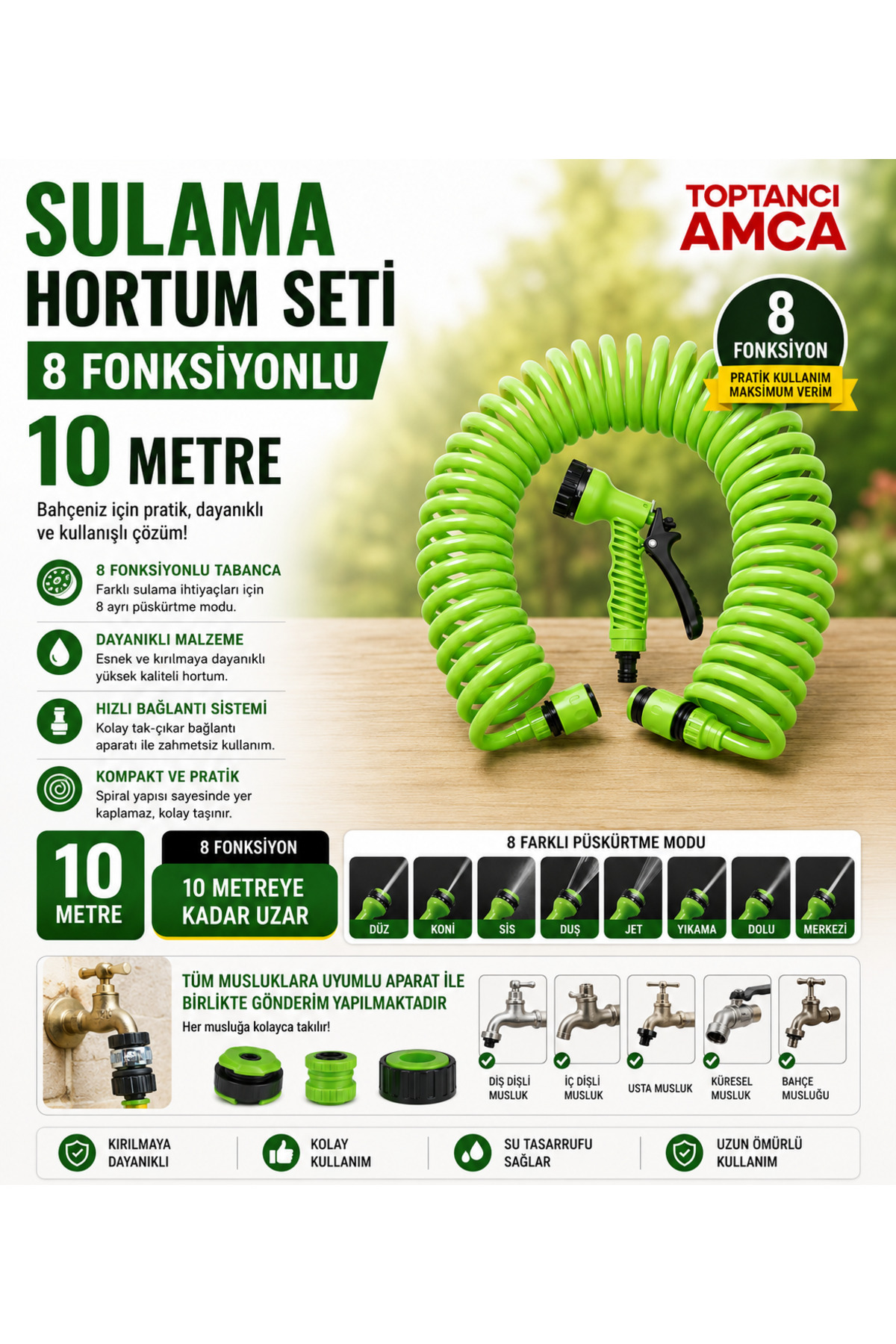 Amca 10 Metre Spiral Sulama Hortumu Seti 8 Fonksiyonlu Tabanca ve Musluk Aparatı Dahil Bahçe Balkon Araç Yıkama Hortumu 1