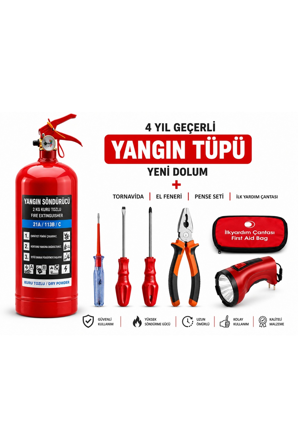 1 KG Yangın Söndürücü Seti 4 Yıl Geçerli | İlk Yardım Çantalı Acil Durum Trafik Güvenlik Seti Pense Tornavida Şarjlı Fener - 1
