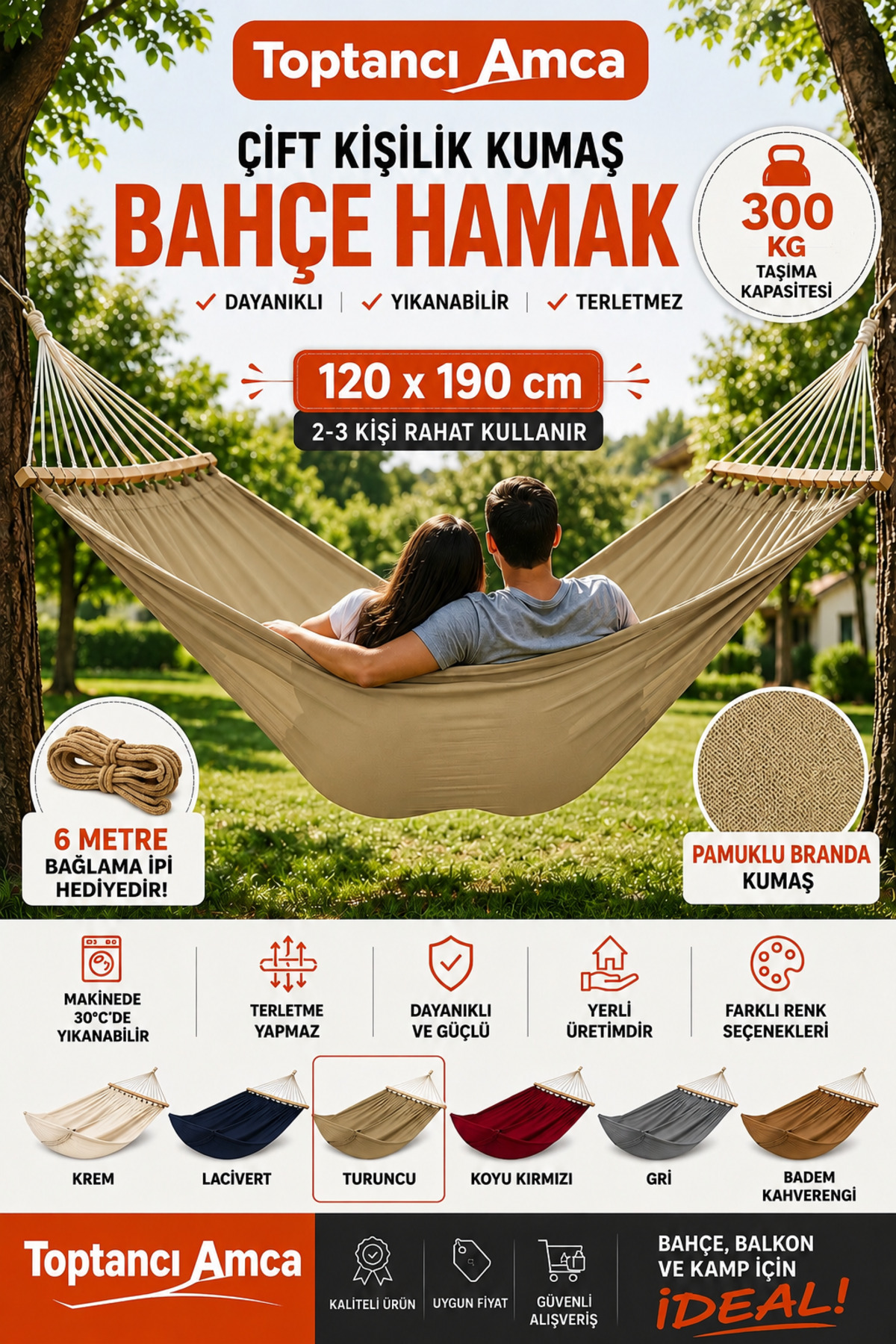 Çift Kişilik Kumaş Hamak Salıncak Pamuklu Kalın Kumaşı Bağlama Ipli 300 kg 120 cm x 190 cm RENK SEÇİNİZ 4