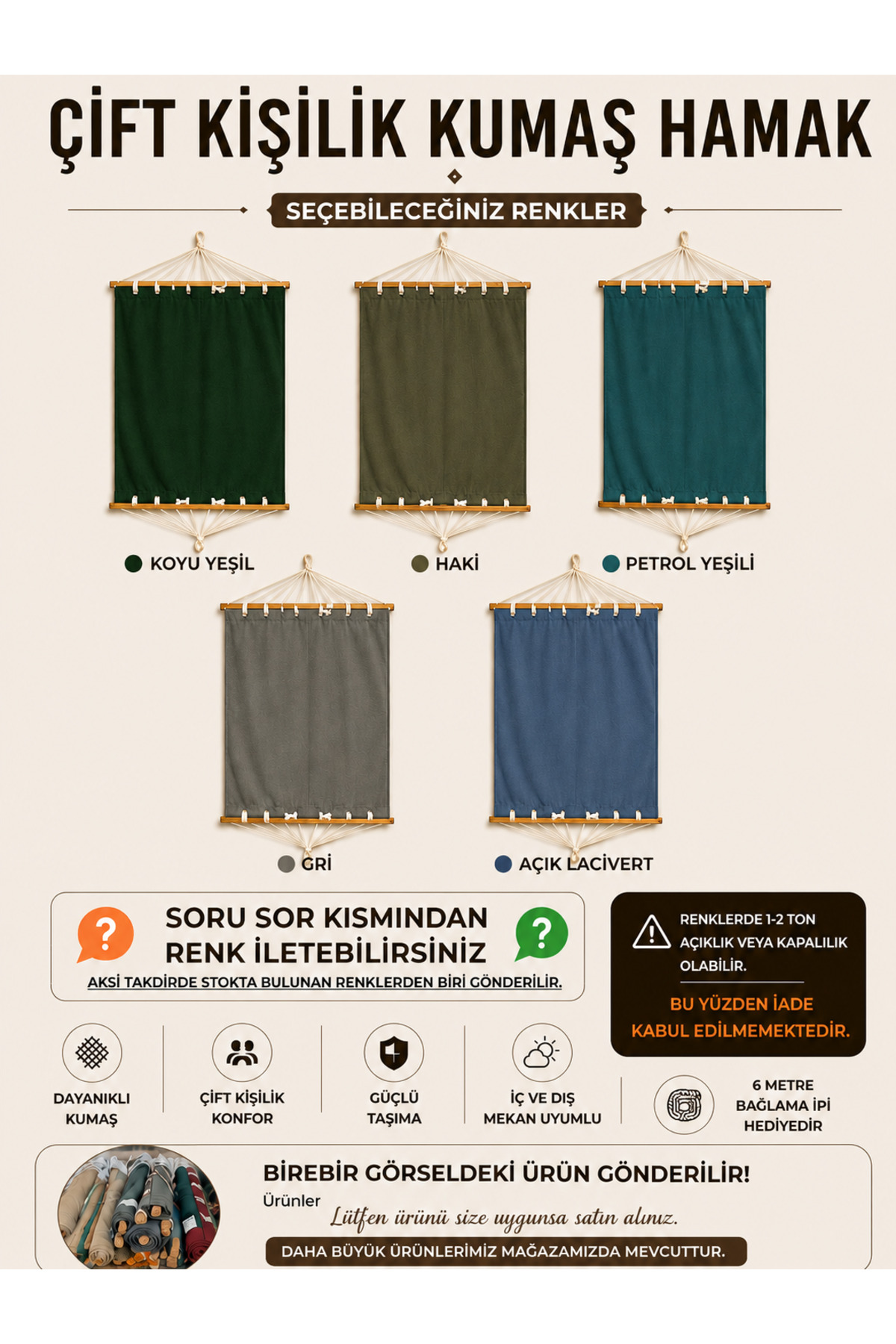 Çift Kişilik Kumaş Hamak Salıncak Pamuklu Kalın Kumaşı Bağlama Ipli 300 kg 120 cm x 190 cm RENK SEÇİNİZ 1