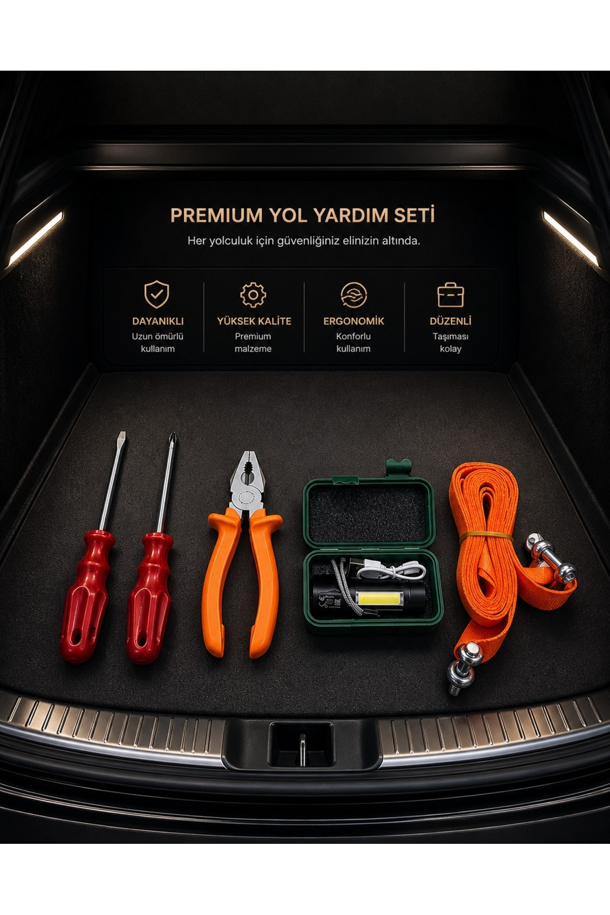 Premium Araç Yol Yardım Seti Çeki Halatı Tornavida Pense LED Fener Acil Durum Oto Seti Trafik Seti - 1