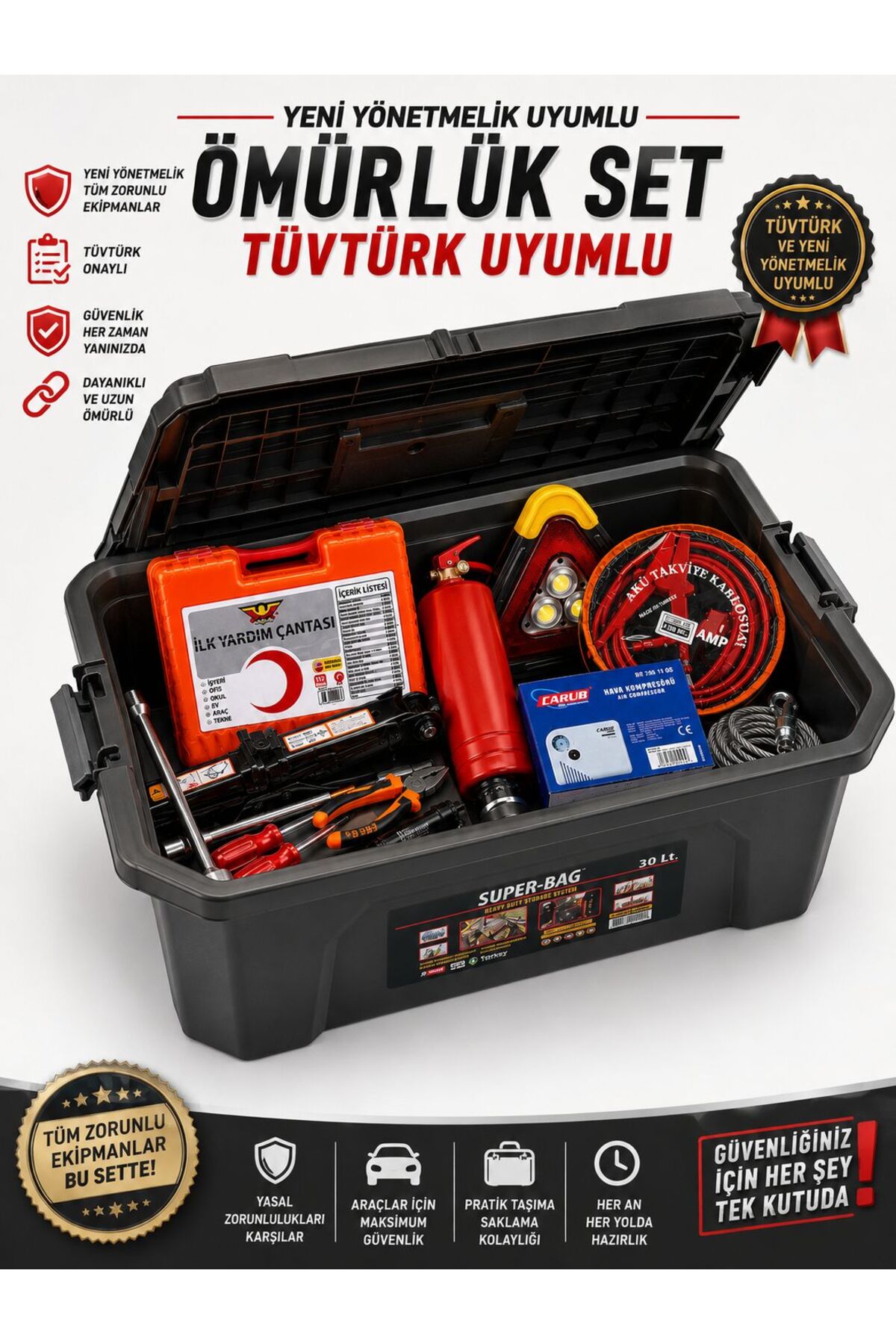13 Parça Araç Acil Durum Seti Full Paket | İlk Yardım Çantası + Kriko + Takviye Kablosu + Yangın Tüpü + Uyarı Lambası | Oto Güvenlik Seti 1