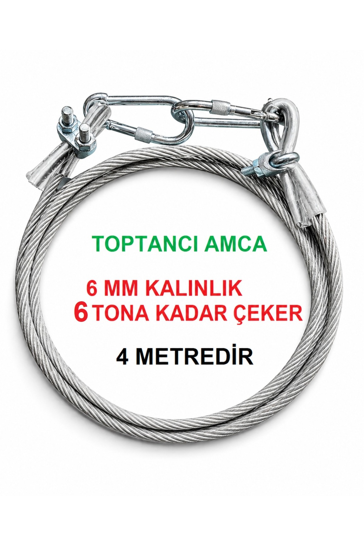 6 Ton Çekme Kapasiteli Çelik Halat 6 mm 4 m Kancalı Araç Halatı TRAFİK SETİ uyumlu EN SAĞLAMI 1