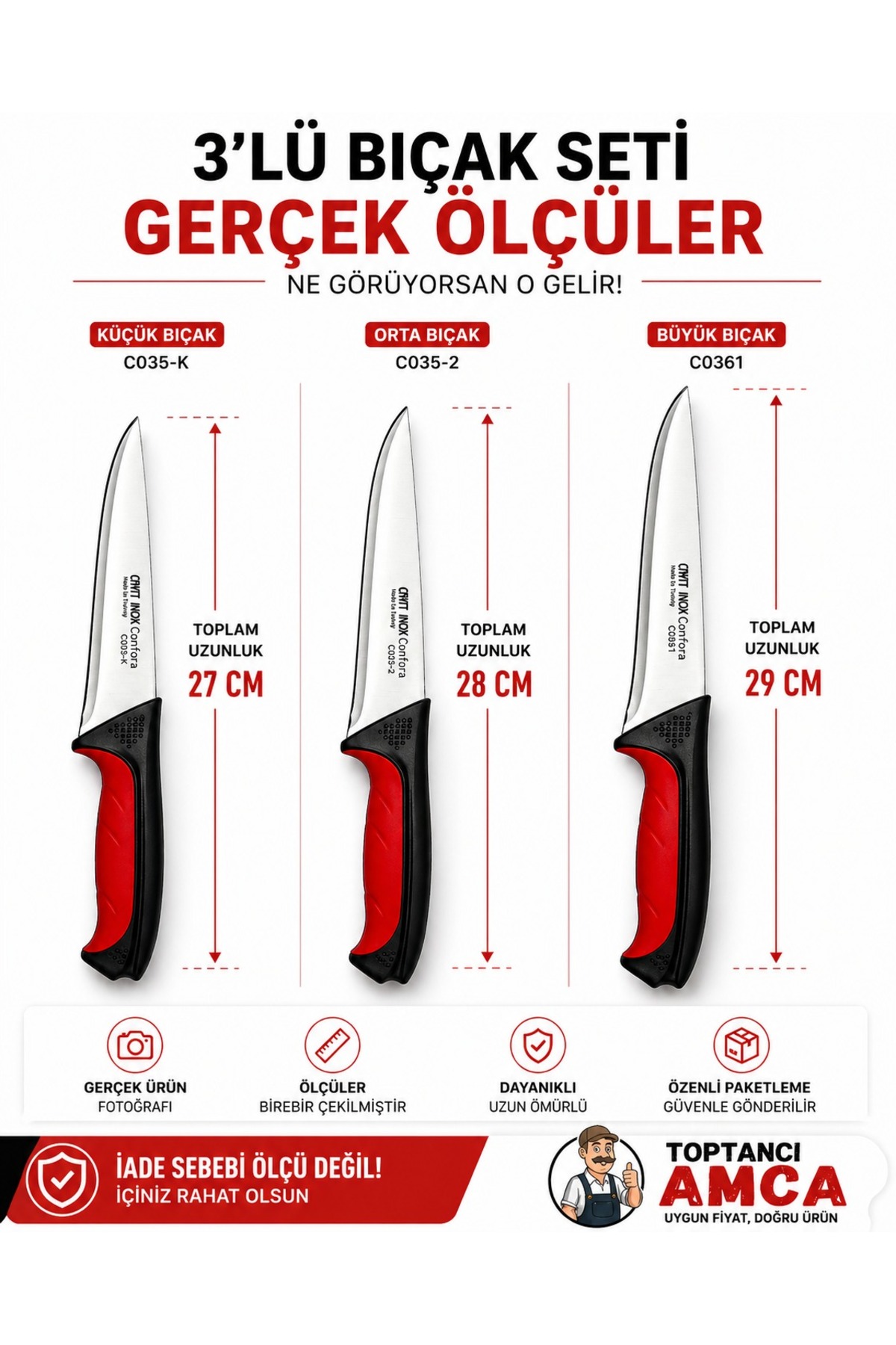 3’lü Kasap Bıçak Seti – Deri Yüzme, Sıyırma ve Doğrama Bıçakları, Paslanmaz Çelik, Ergonomik Kaymaz Sap, Profesyonel Mutfak Bıçak Seti 5