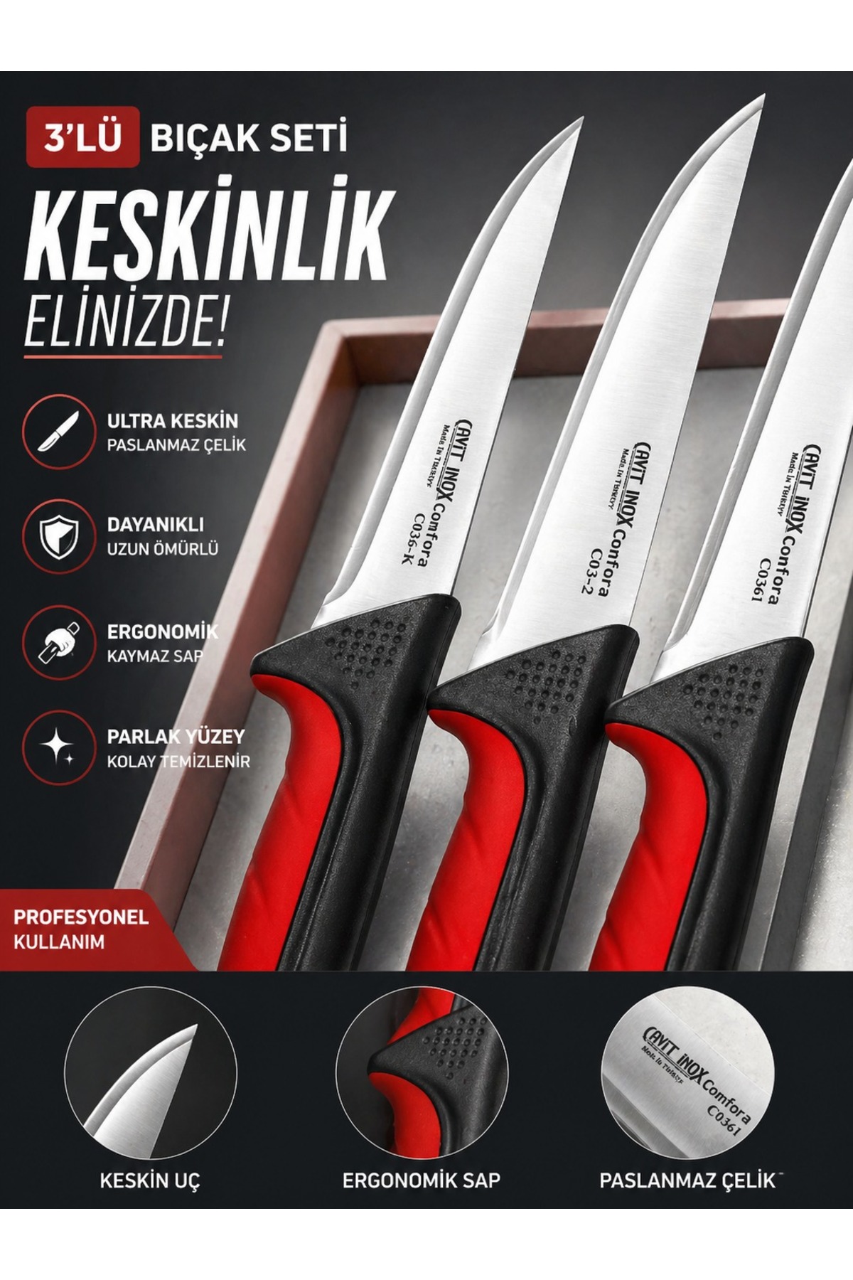 3’lü Kasap Bıçak Seti – Deri Yüzme, Sıyırma ve Doğrama Bıçakları, Paslanmaz Çelik, Ergonomik Kaymaz Sap, Profesyonel Mutfak Bıçak Seti 4