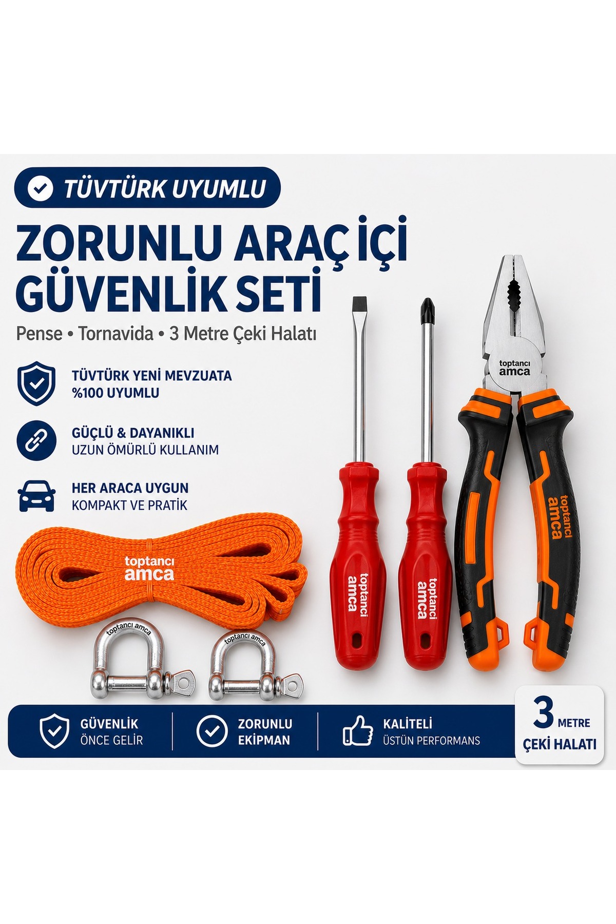 TÜVTÜRK Uyumlu Araç İçi Zorunlu Set – Pense Tornavida Çeki Halatı Oto Güvenlik Kiti - 1