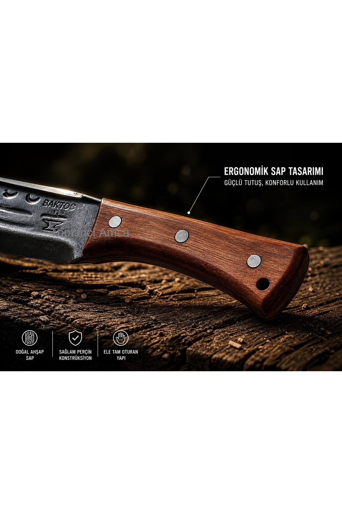 El Yapımı Dövme Tahra Orak + Çakı HEDİYELİ | Ahşap Saplı Bahçe Orağı | Keskin Çelik Dal Budama Orak Seti 38 cm 5