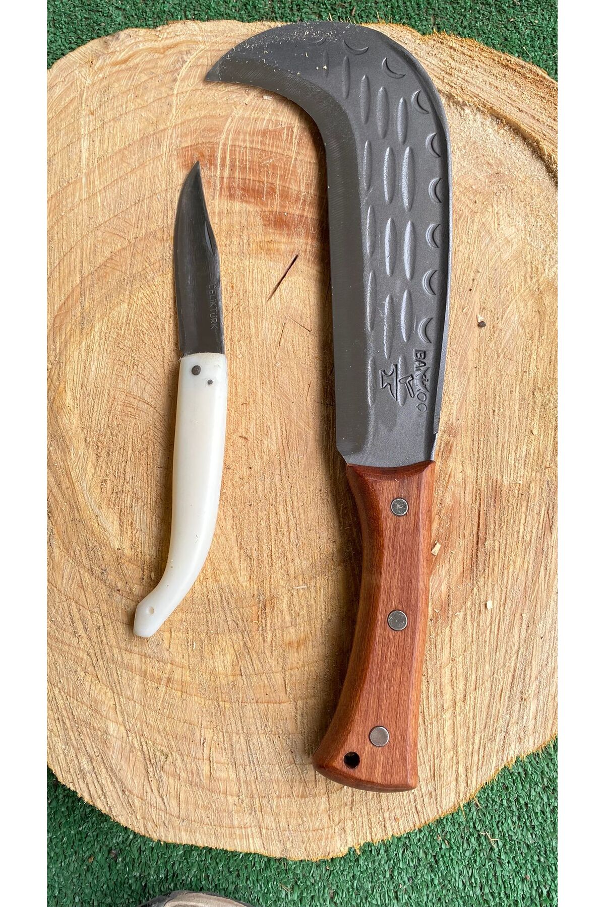 El Yapımı Dövme Tahra Orak + Çakı HEDİYELİ | Ahşap Saplı Bahçe Orağı | Keskin Çelik Dal Budama Orak Seti 38 cm 2