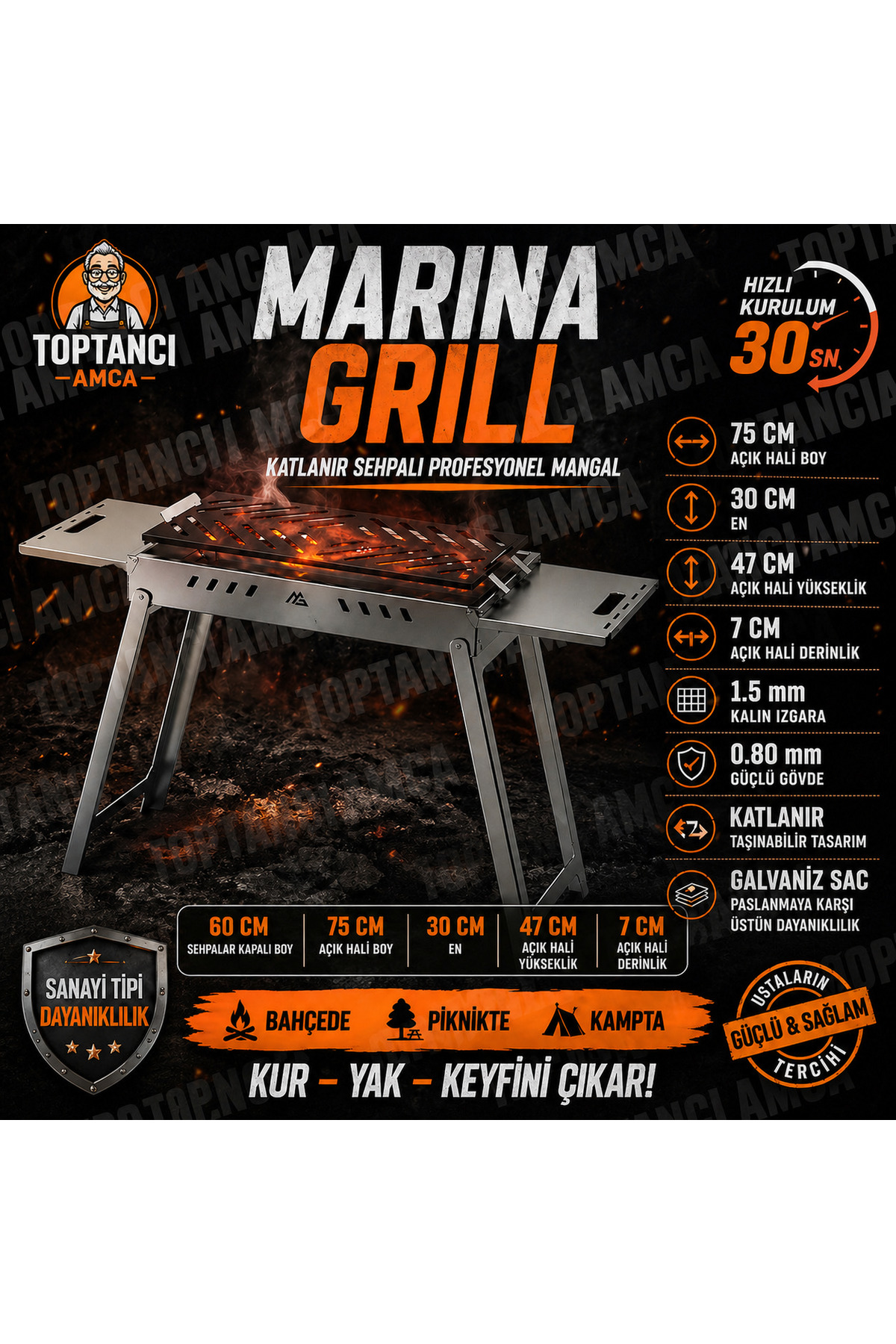 Marina Grill Katlanır Sehpalı Mangal 50x30 cm – Taşınabilir Piknik Mangal 1.5 mm Izgara 1