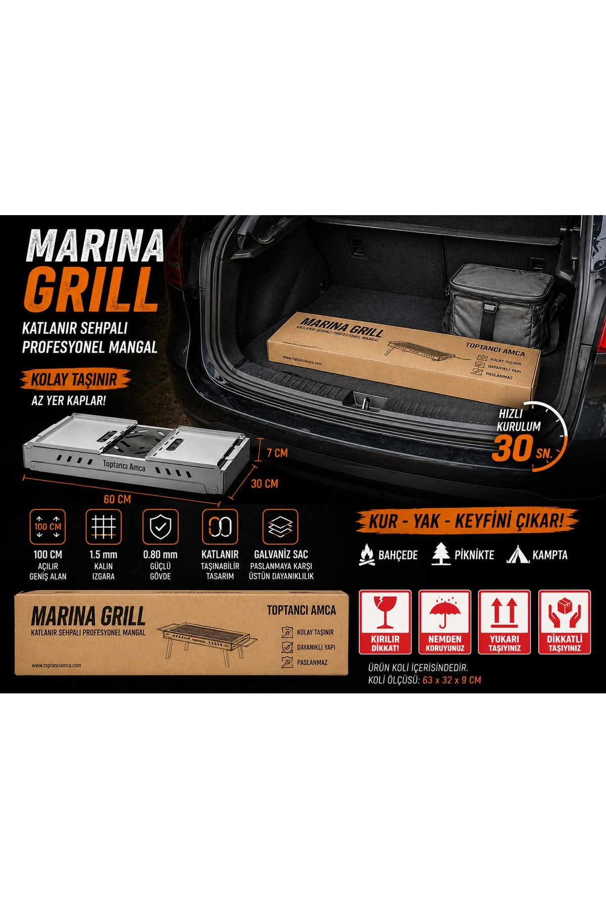 Katlanır Sehpalı Mangal 30 x 60 cm Açılır – Taşınabilir Piknik Kamp Mangalı – Galvaniz Gövde 1.5 mm Izgara 5