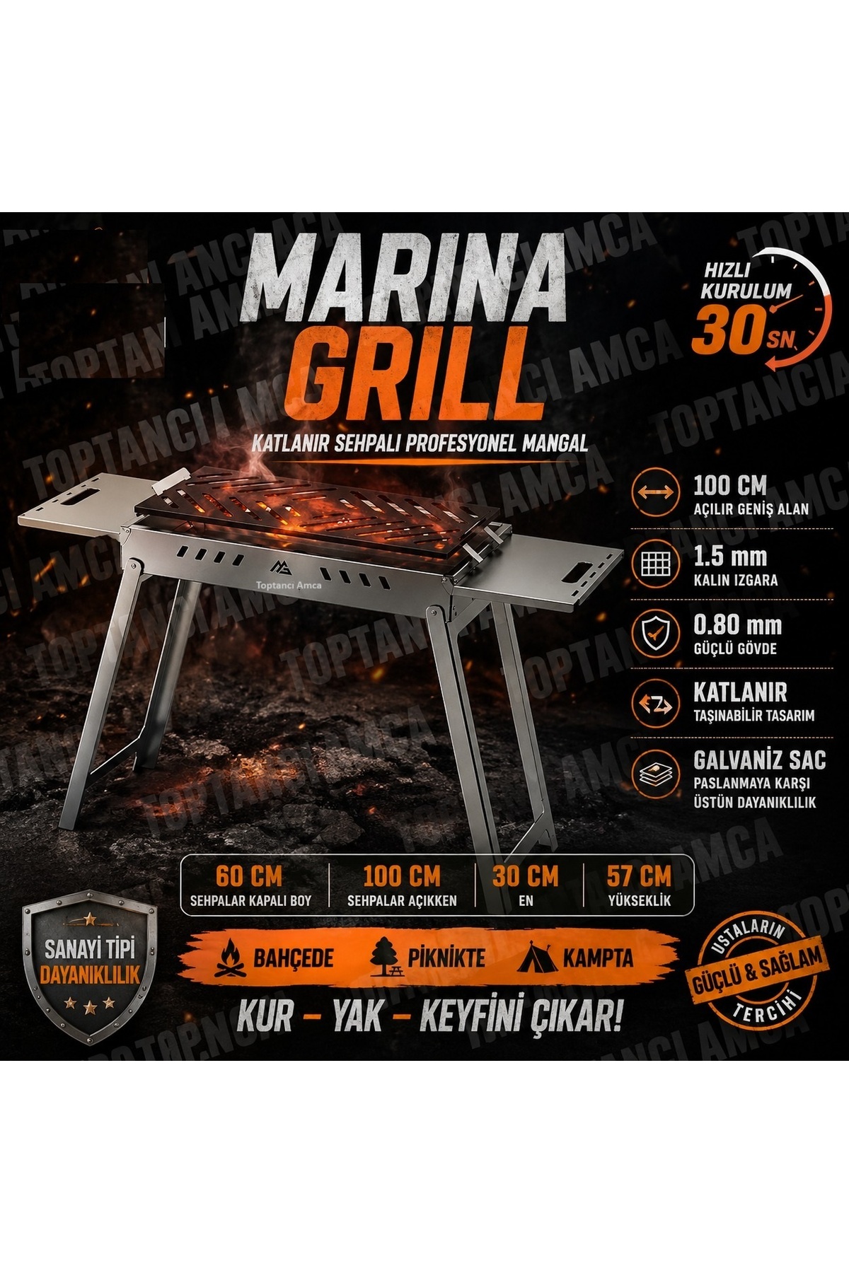 Katlanır Sehpalı Mangal 30 x 60 cm Açılır – Taşınabilir Piknik Kamp Mangalı – Galvaniz Gövde 1.5 mm Izgara 1