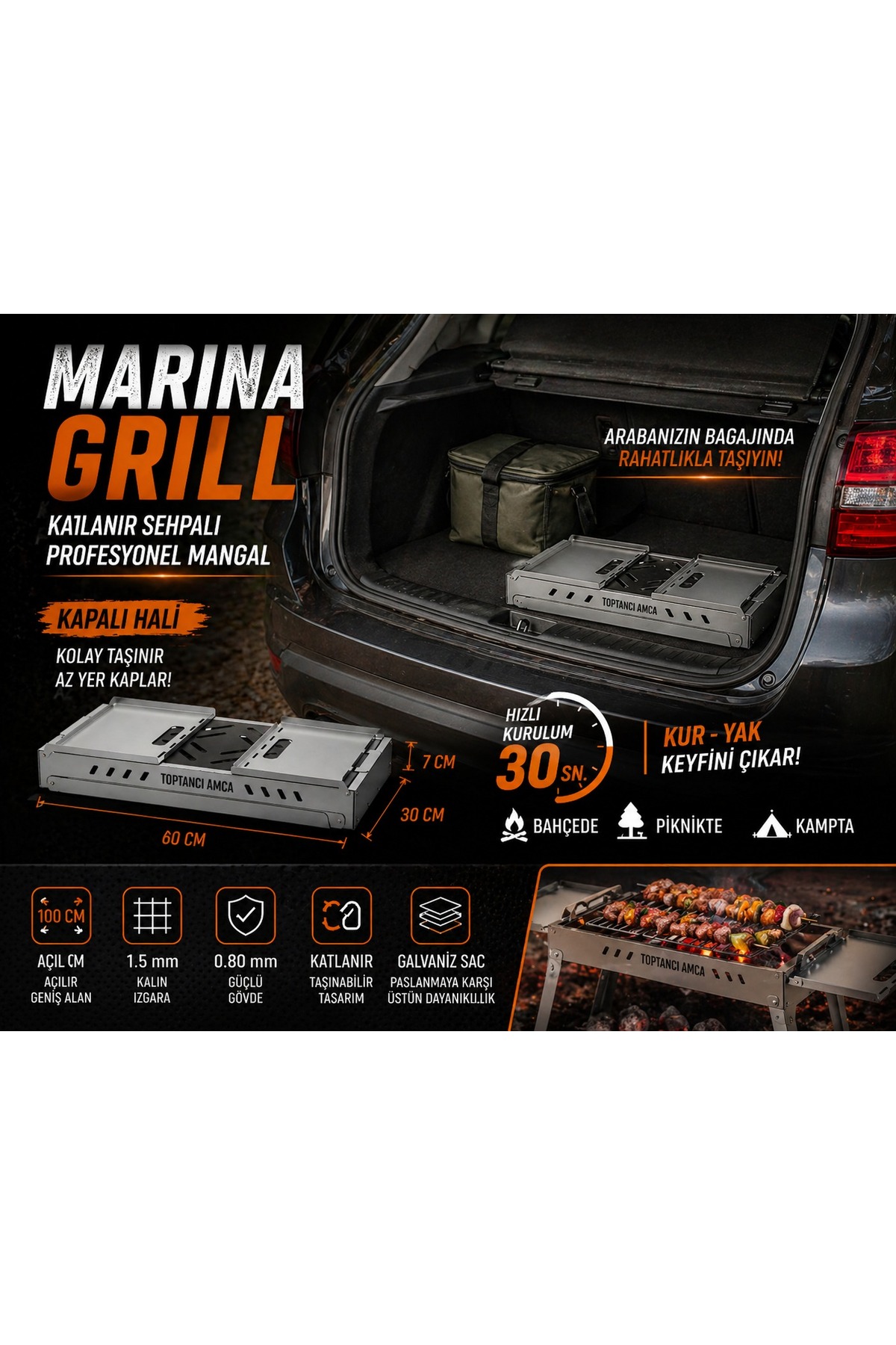 Katlanır Sehpalı Mangal 30 x 60 cm Açılır – Taşınabilir Piknik Kamp Mangalı – Galvaniz Gövde 1.5 mm Izgara 4