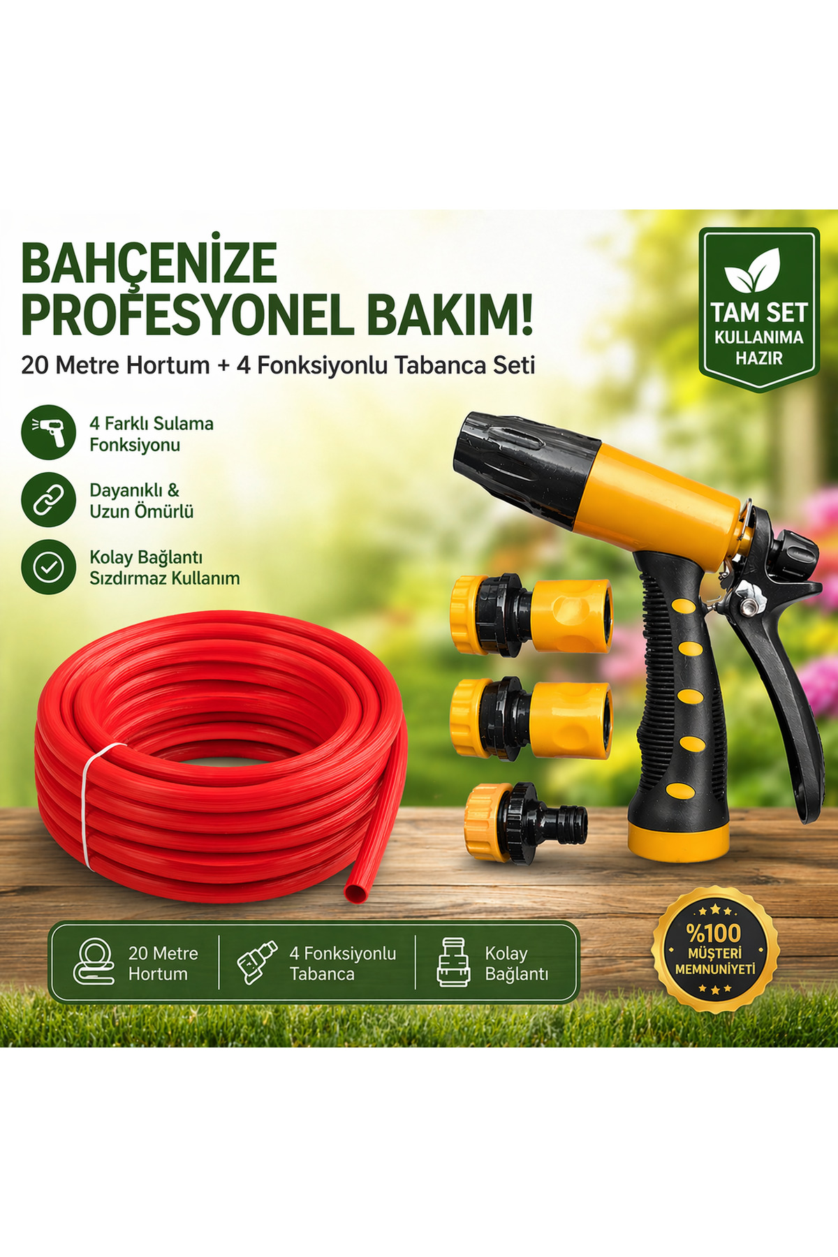 25 metre bahçe hortumu silikonlu özel yapılı + sulama tabancası seti hediye 1