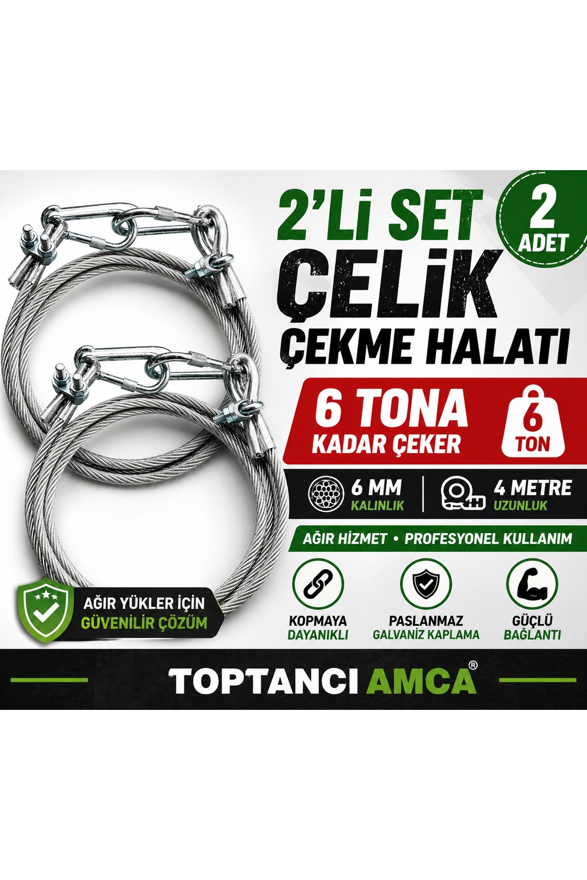 Araç Çekme Halatı 6 Ton 2’li Set Çelik Halat 6 mm 4 Metre Trafik seti - 1