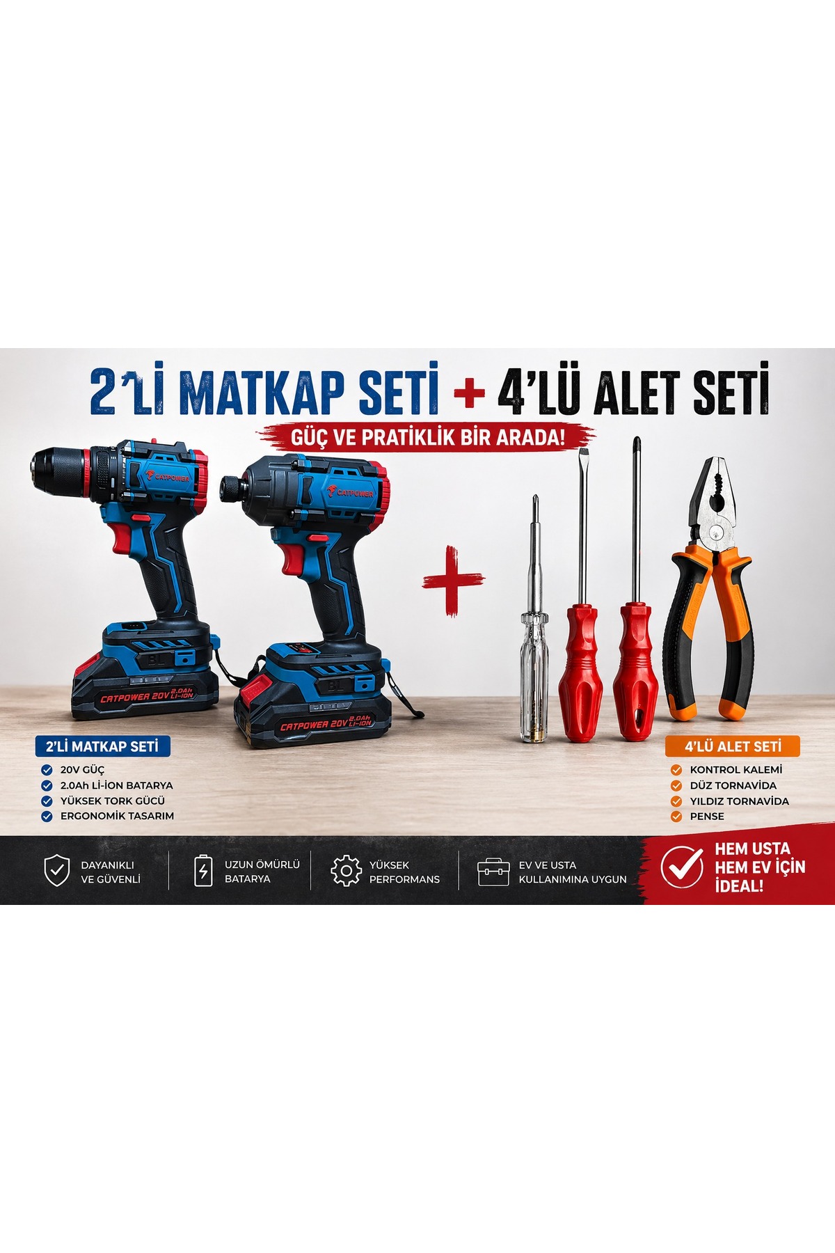 Çift Akülü Matkap + Vidalama Seti 2.0Ah + 4’lü El Alet Seti (Pense Tornavida Kontrol Kalemi Hediye)