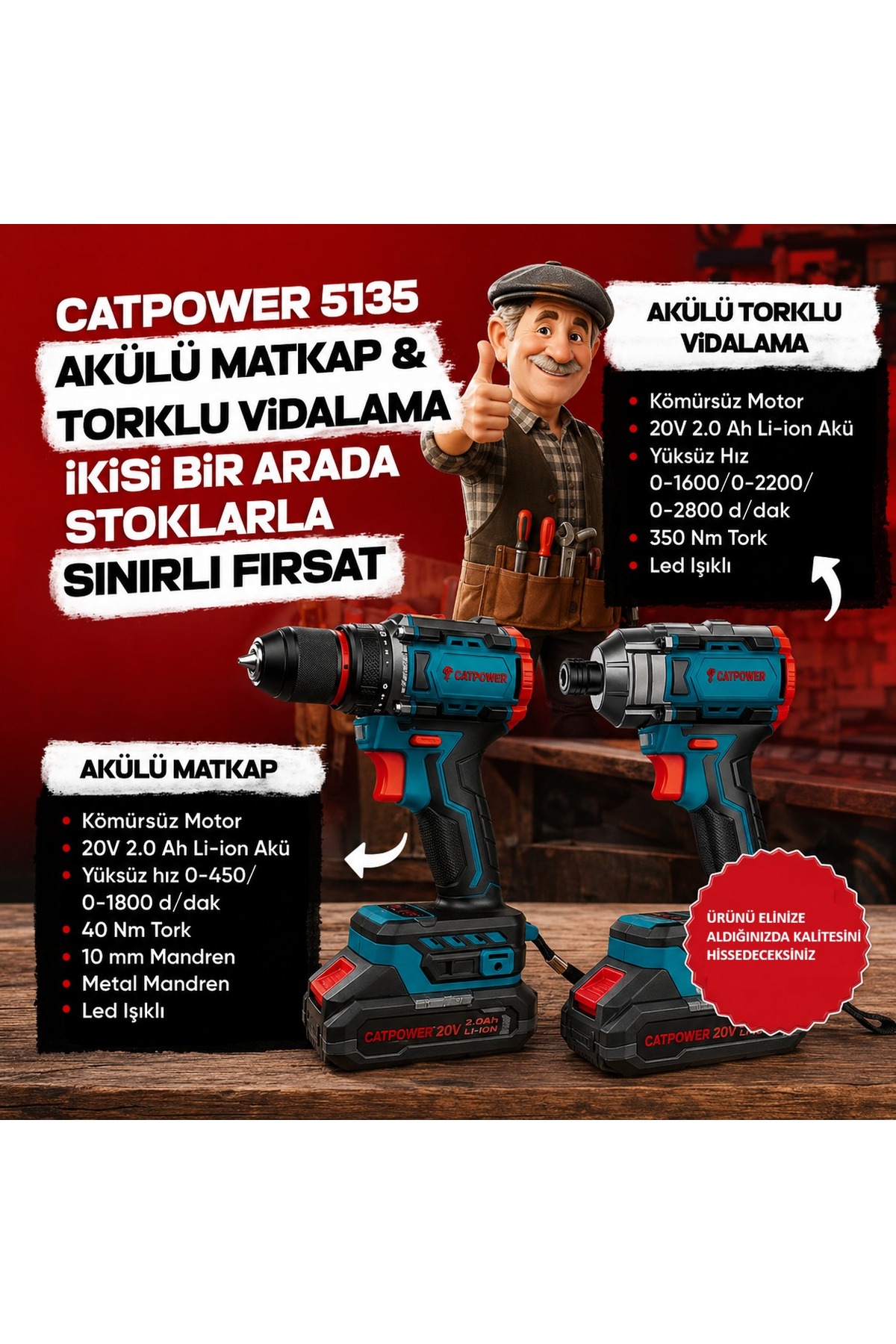 Çift Akülü Matkap + Vidalama Seti 2.0Ah + 4’lü El Alet Seti (Pense Tornavida Kontrol Kalemi Hediye) 3