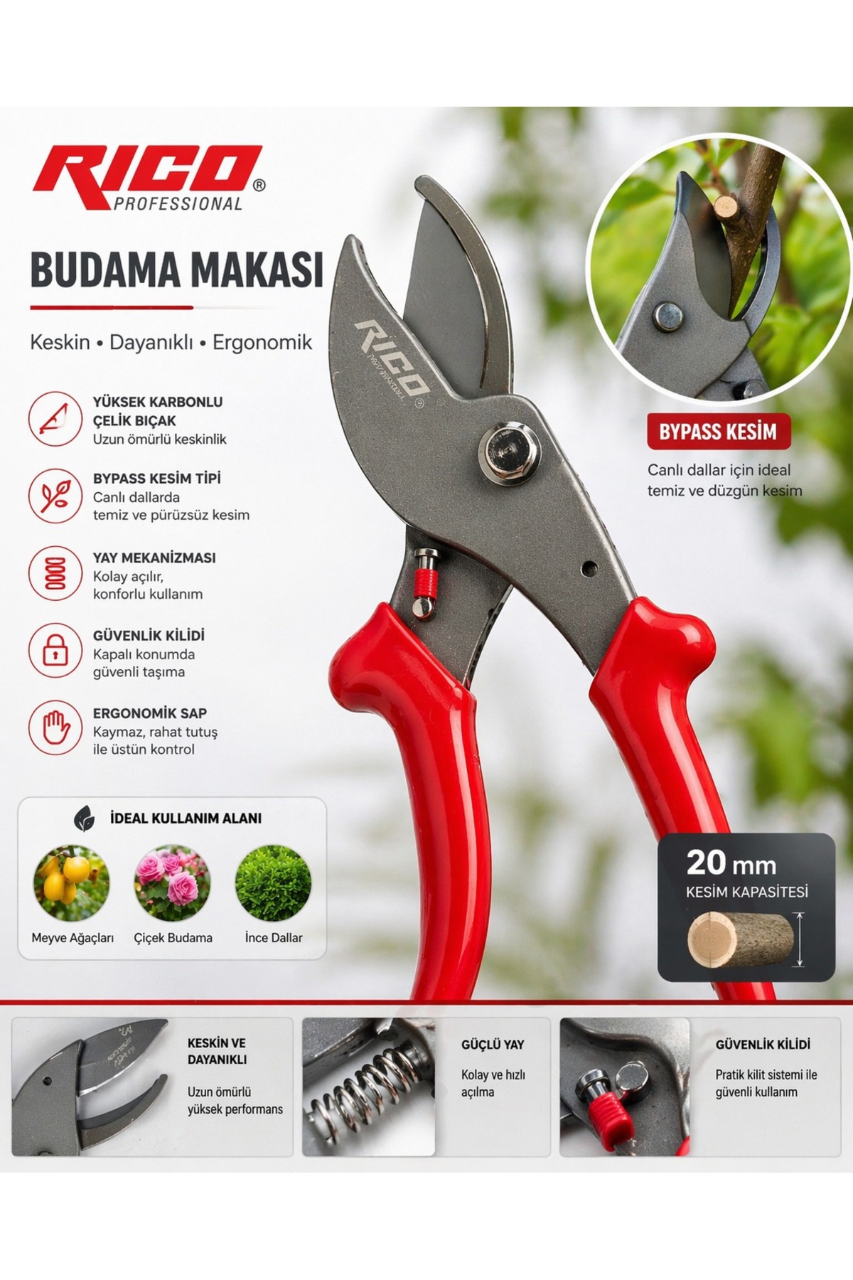 Bağ Makası Budama Makası Bahçe Dal Kesme Makası Ergonomik Çelik Bıçak Bahçe Makası 210 mm 2