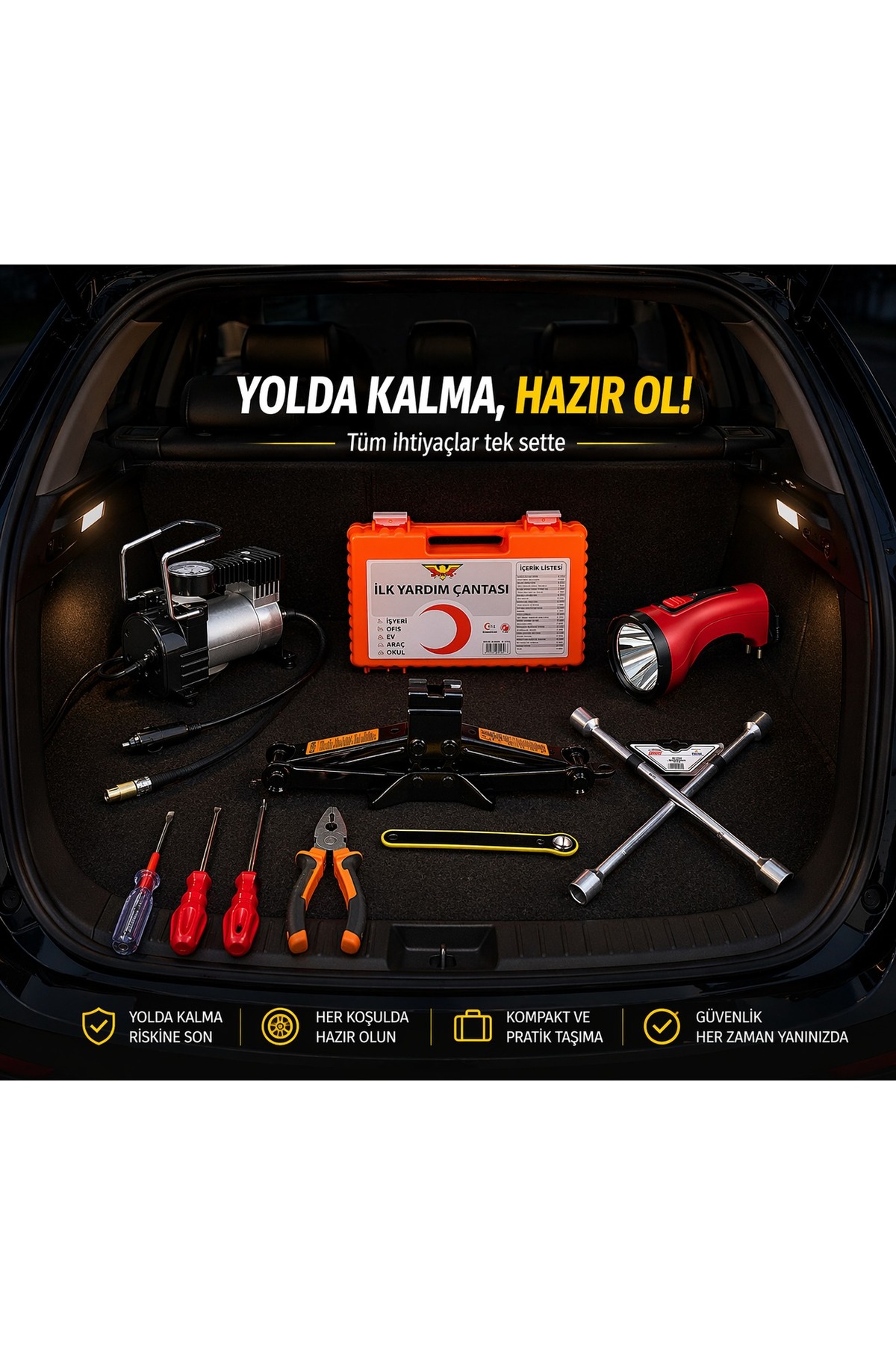 Full Araç Acil Durum Trafik Seti Kriko Kompresör İlk Yardım Çantası Bijon Set 1