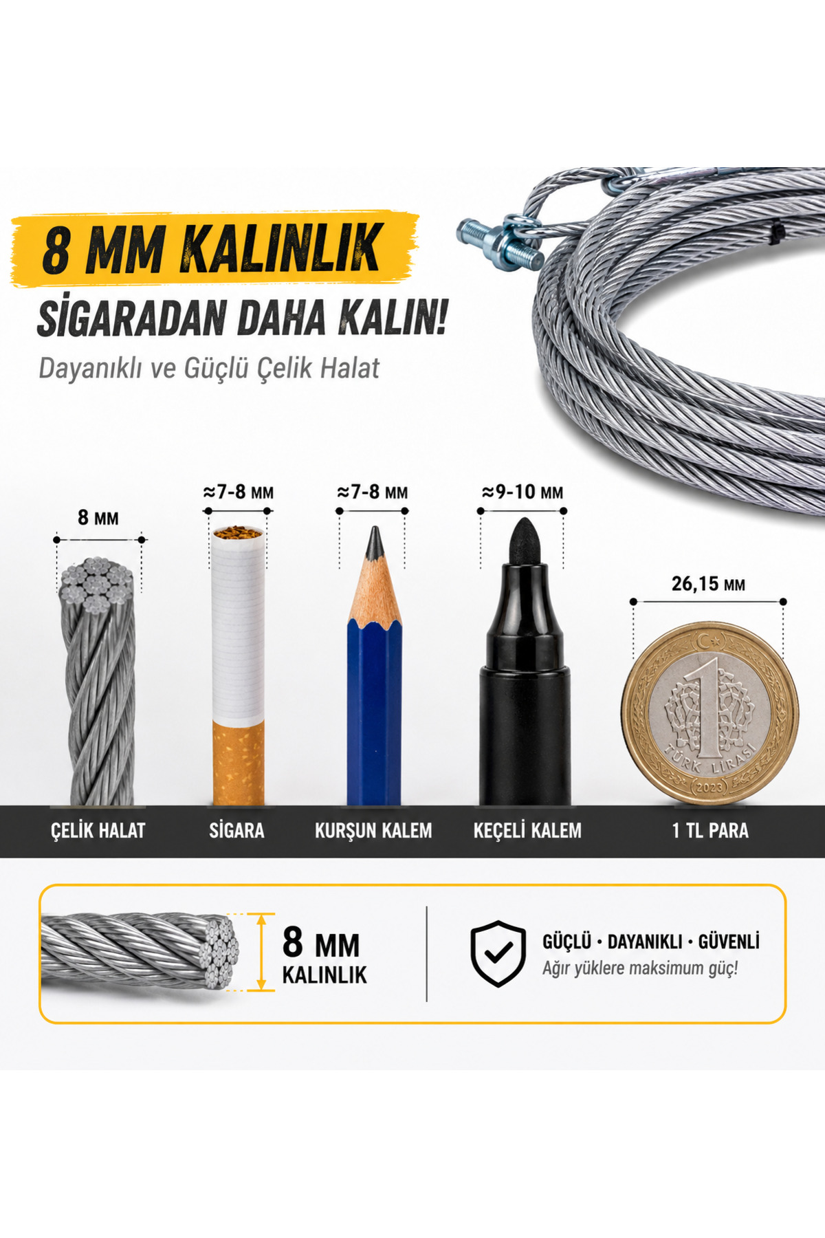Araçta zorunlu bulunması gereken çeki halatı 10 tona kadar dayanıklı 8 mm 4 metre halat 5