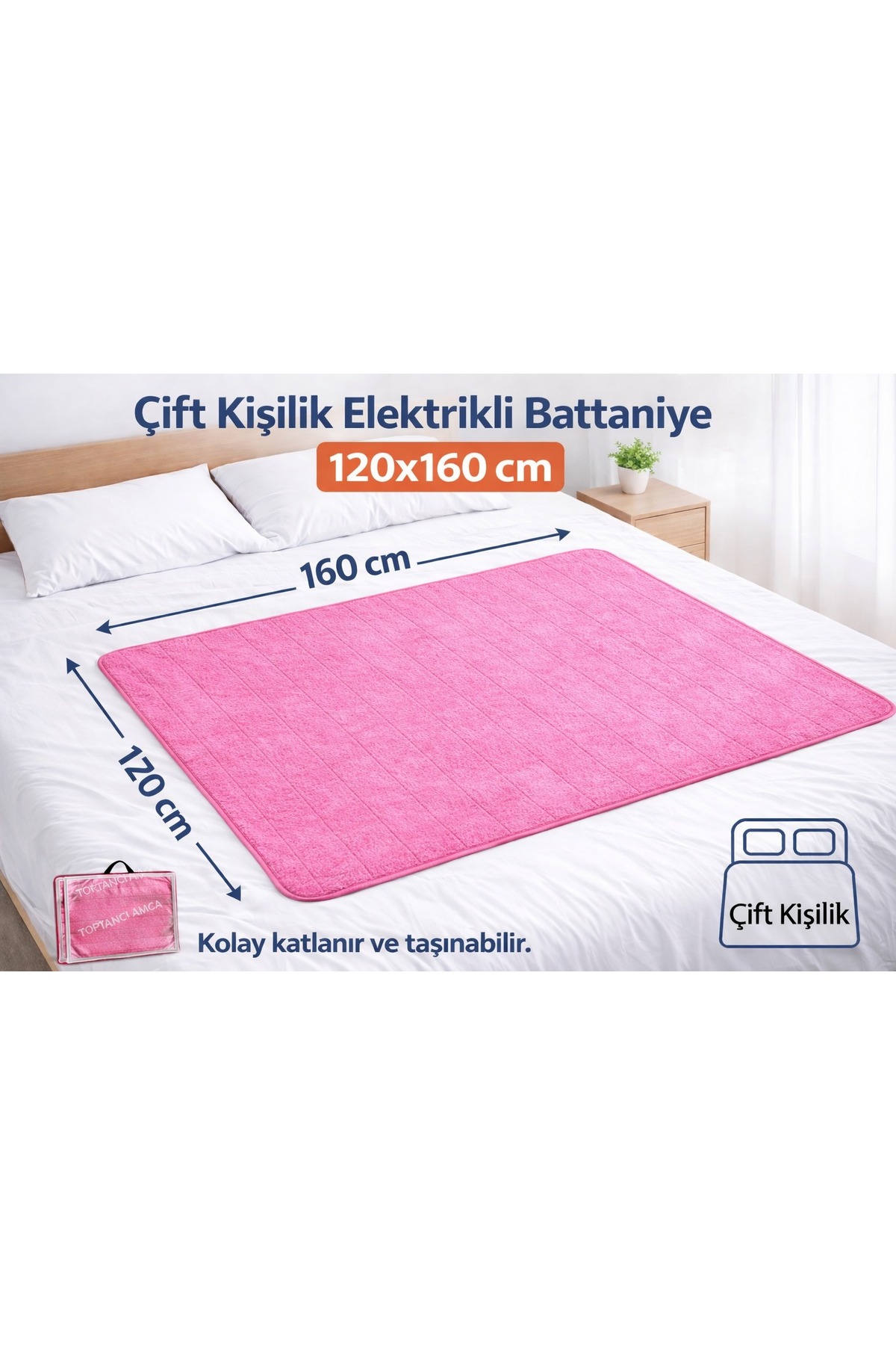 Çift Kişilik Elektrikli Battaniye 120x160 cm | Isı Kontrollü Keçe Yüzey Yatak Isıtıcı PEMBE RENK! 2