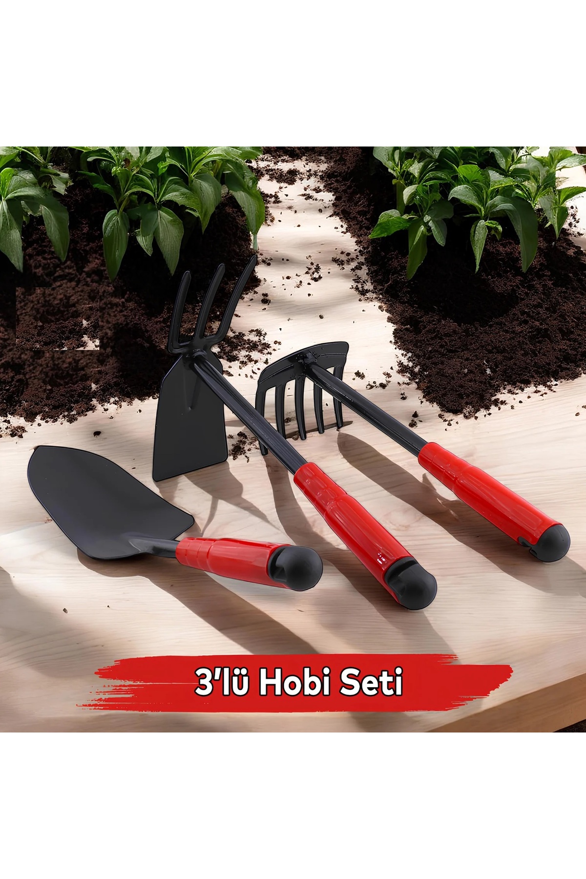 Hobi Çapa Tırmık 3'lü Set Metal Bahçe Tarla Çim Peyzaj Bitki Çiçek Ekme Toprak İşleme Küreği Küçük 1