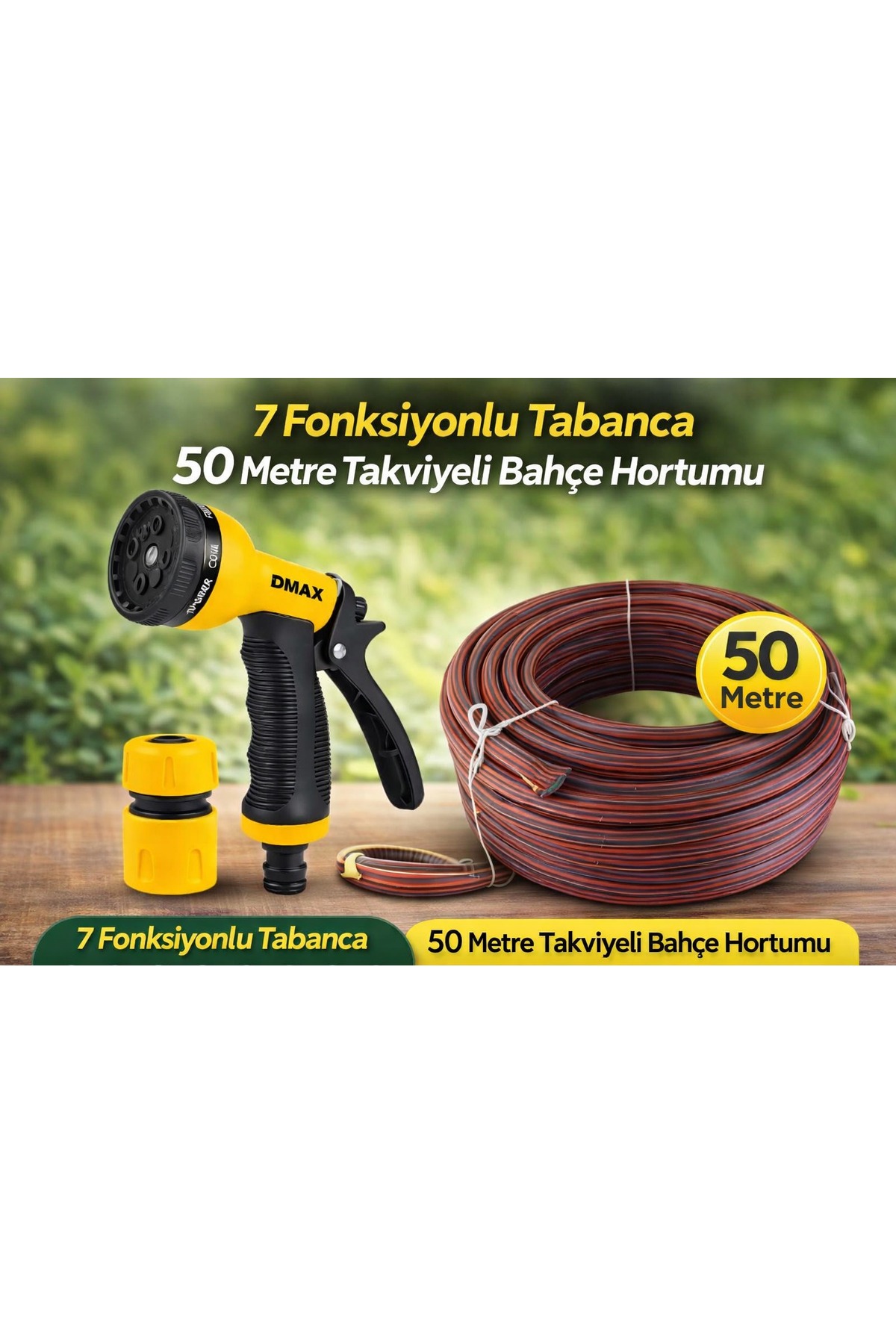 7 Fonksiyonlu Tabanca + 50 Metre Takviyeli Bahçe Hortumu Seti (2’li Avantaj Paket) - 1