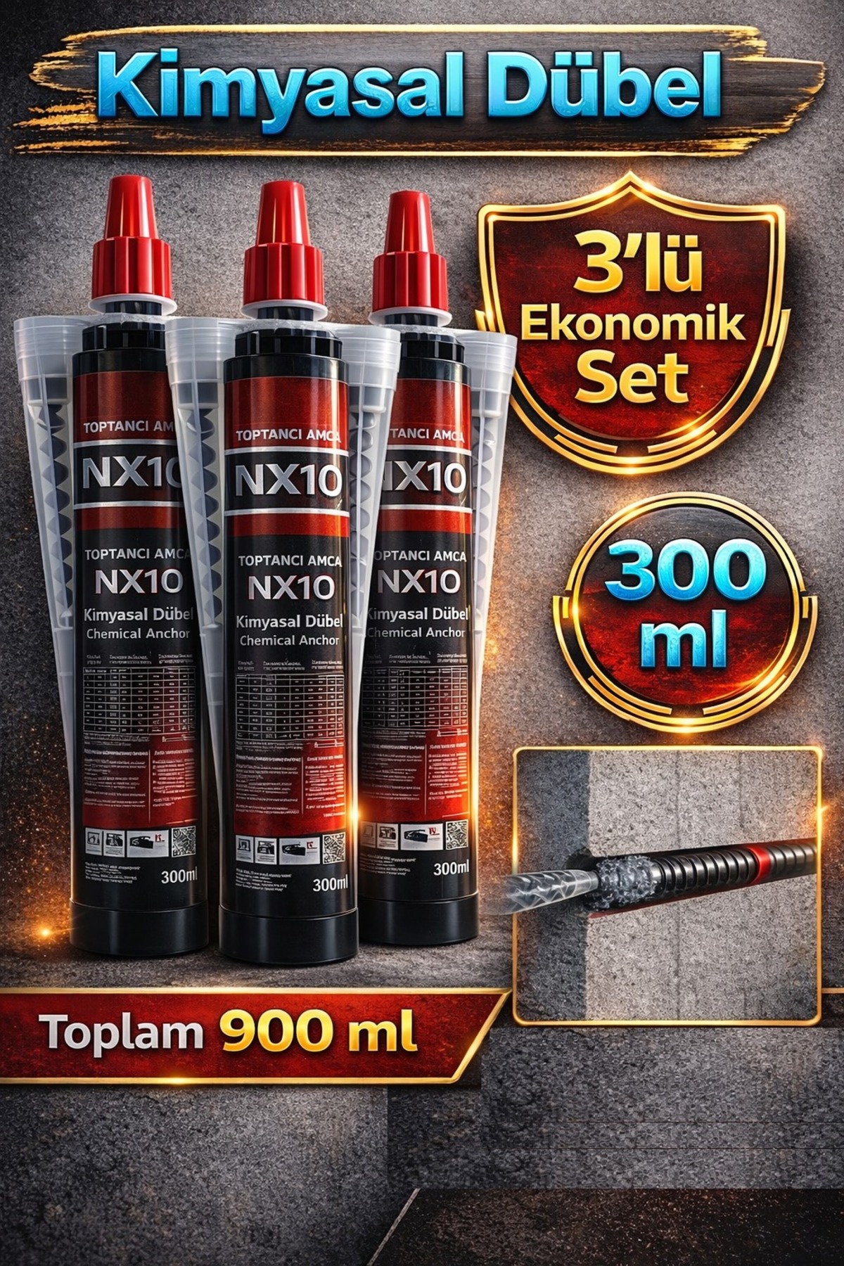 Kimyasal Dübel 300 ml 3’lü Set Kimyasal Ankraj – Beton İçin Yüksek Mukavemetli NX10 1