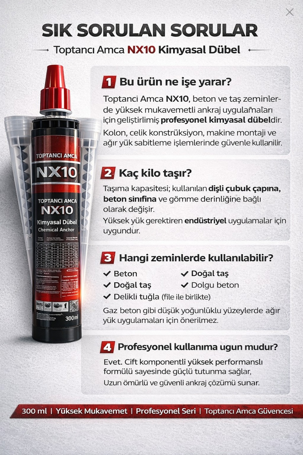 Kimyasal Dübel 300 ml Kimyasal Ankraj – Beton İçin Yüksek Mukavemetli NX10 5