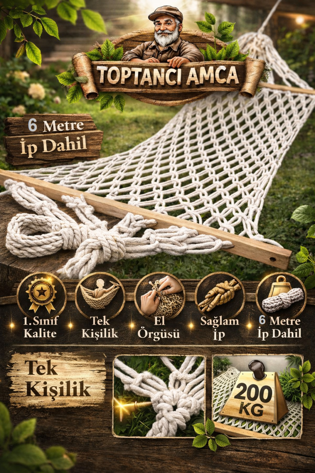 Dayanıklı Makrome Salıncak Hamak 90x190 – Tek Kişilik %100 Pamuk, Çift Katlı Örgü, Balkon/Bahçe. 2
